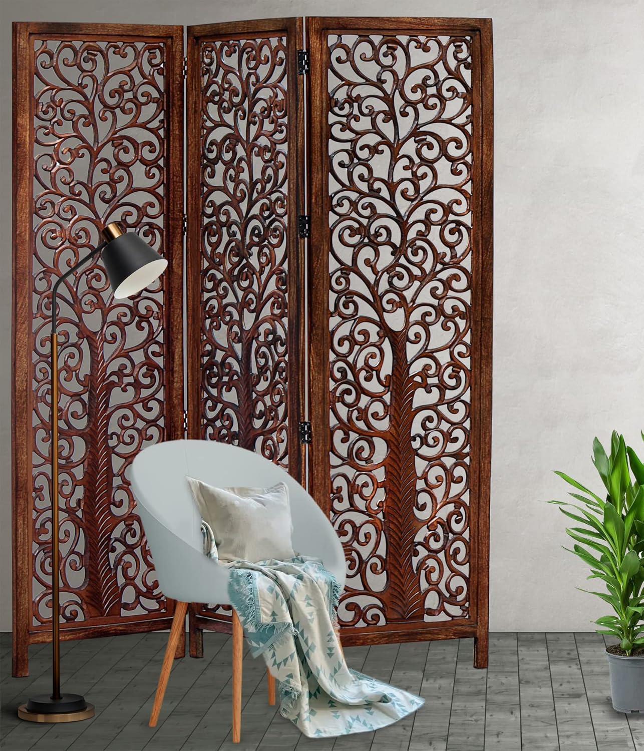 Room Divider Wood Floor Screen - Arbor Tree Antique Brown - Handcrafted 60 x 72 Three Folding Panel Partition - Free Standing Portable Reversible Small Space Privacy Decorative Screen - COTTON CRAFT