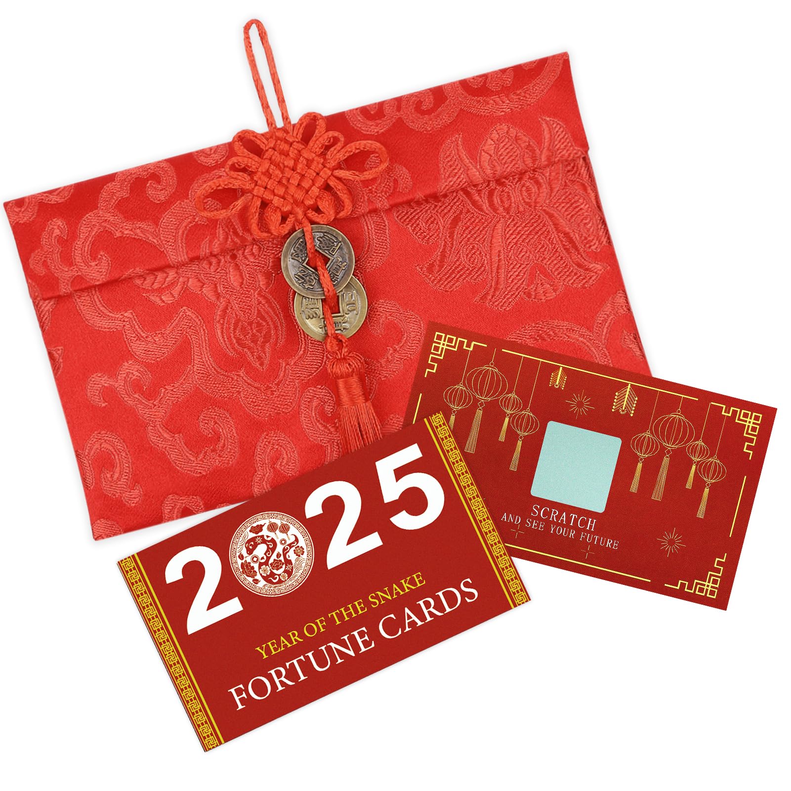 Biubee 25Pcs Chinese New Year Scratch Off Fortune Cards- 2025 Lunar New Year of the Snake Fortune Cards with Silk Chinese Red Envelope for New Year Party Scratching Off Card Games Supplies