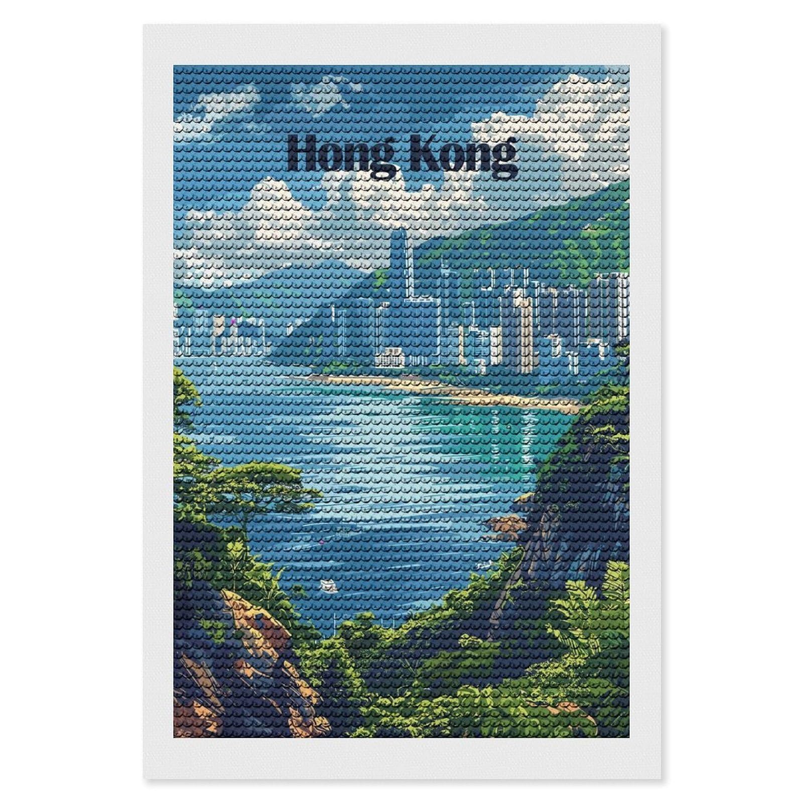 Junmoney Hong Kong Cityscape Travel Diamond Art Kit 8"x12", Relaxing DIY Hobby, Satisfying Creative Project, Living Room Decor, for Women