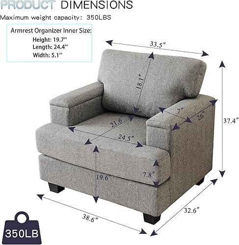 Miniatura 2 de Silla decorativa de gran tamaño con organizador de reposabrazos, cómodas sillas de sala de estar con cojín grueso, sillón tapizado de tela de lino,