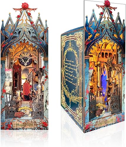 Miniatura 7 de Kit de rincón de libros, rompecabezas de madera 3D, decoración de estantería con libro mágico LED