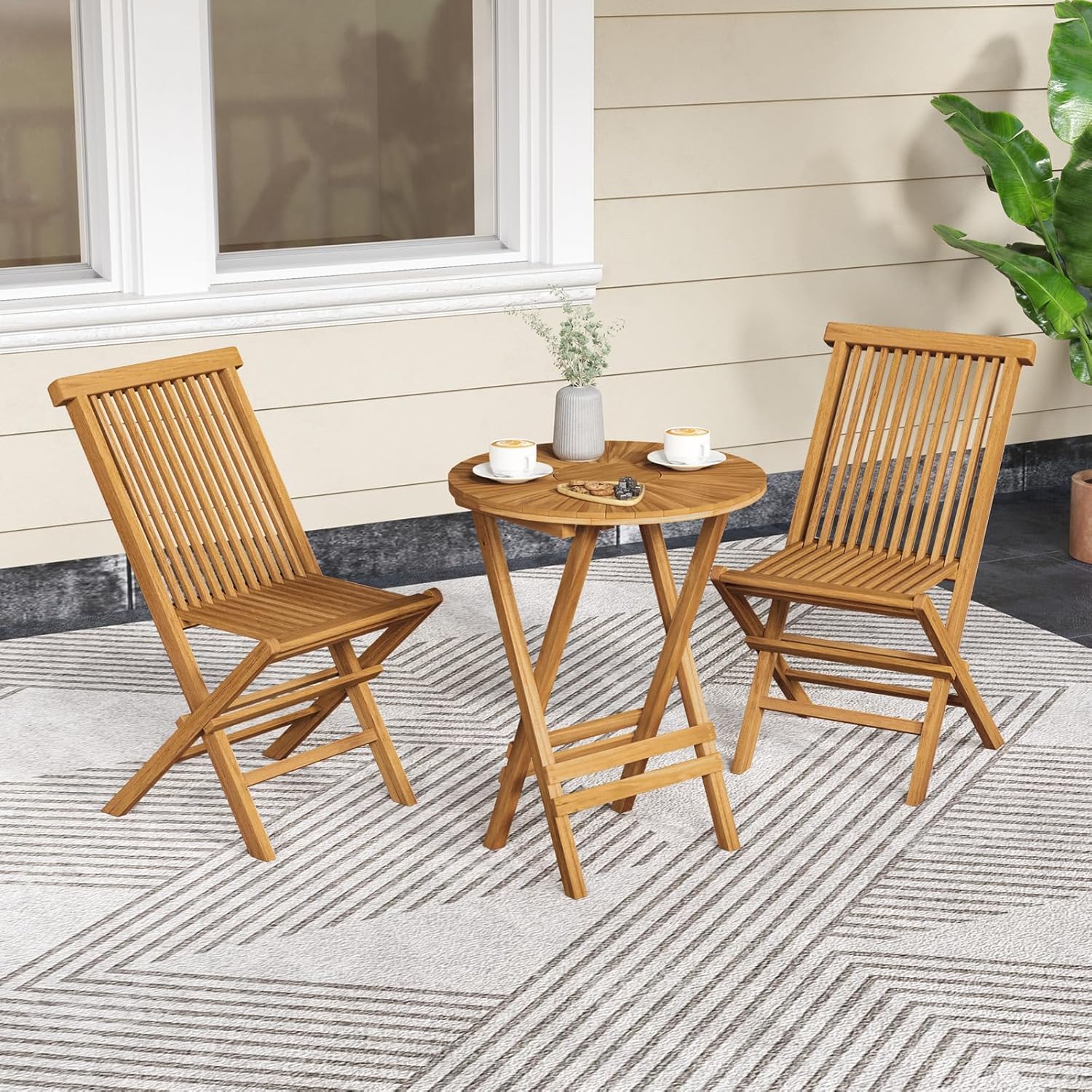 HAPPYGRILL Teak Wood Folding Chairs Set of 4, Patio Chairs with Slatted Seat & Backrest, No Assembly Needed, Space-Saving Foldable Outdoor Dining Chair for Poolside, Yard, Balcony