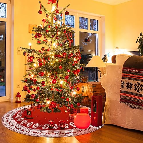 Miniatura 7 de Dremisland Falda de árbol de Navidad, alfombra rústica para árbol de Navidad con copo de nieve, renos de punto rojo, faldas de árbol de Navidad,