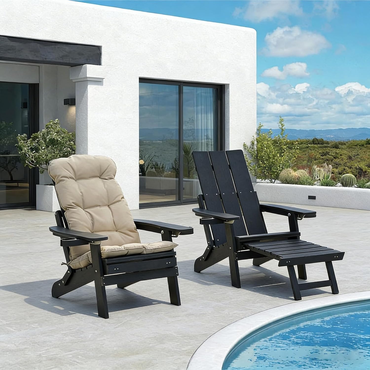 Mega Casa Poly Lumber Adirondack Chair with Cup Holders, Ottoman and Cushion, Adjustable Backrest, All-Weather Resistant HIPS Material, Wood-Like Pattern, Heavy Duty 700 LBS (Iron Black)