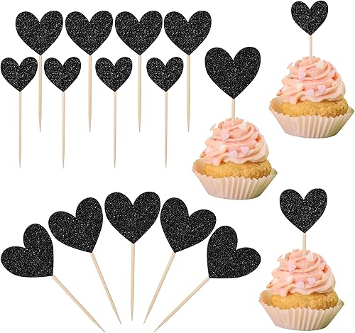 Rsstarxi Paquete de 30 adornos para cupcakes de corazón, purpurina negra, dulce amor, baby shower, para despedida de soltera, boda, compromiso,