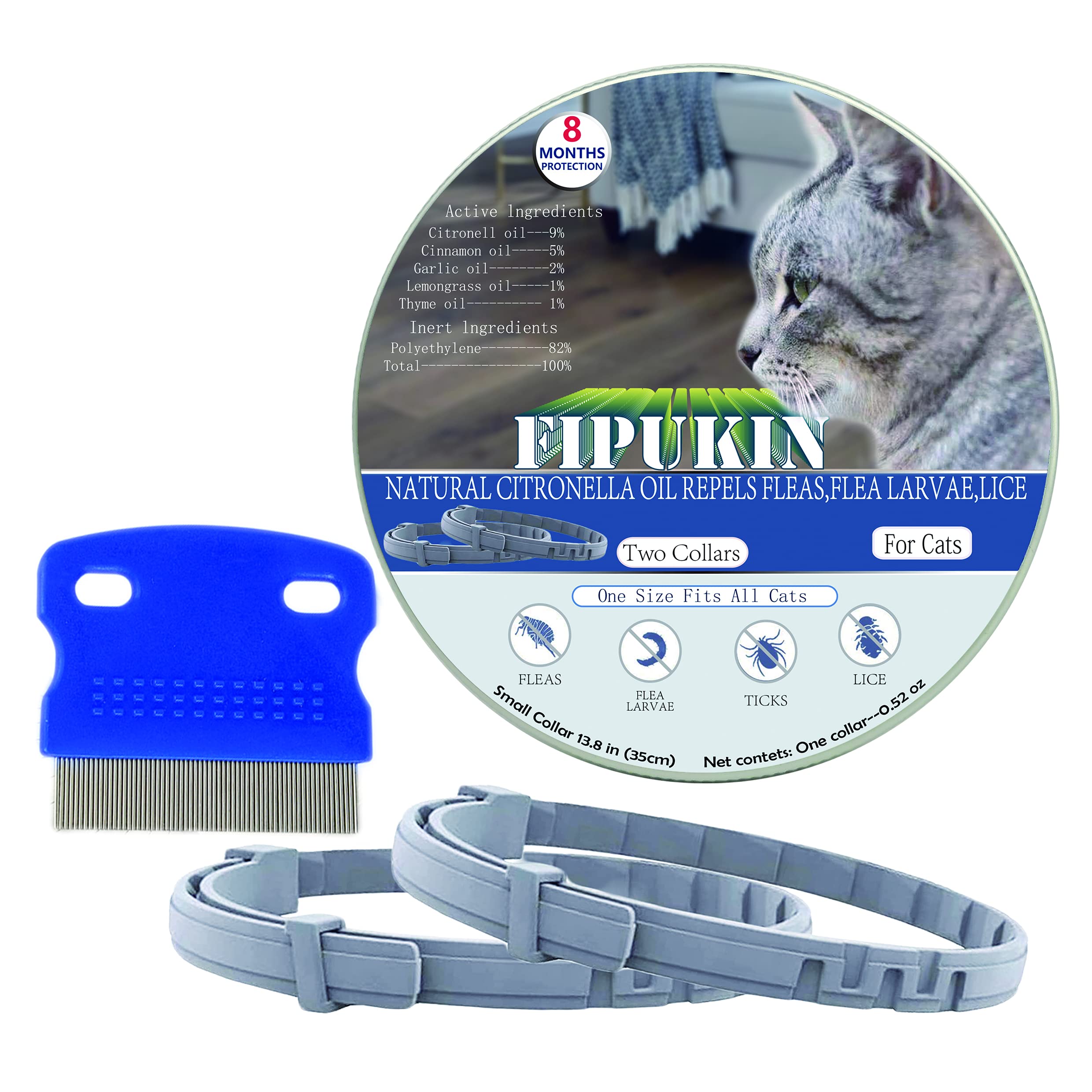 FipukinNatural & Safe Flea and Tick Collar for Cats, 2 * 8 Months Protection, Free Comb and Tick Removal Tool, Waterproof, 13.8 inch, One Size Fits All (2-Pack)