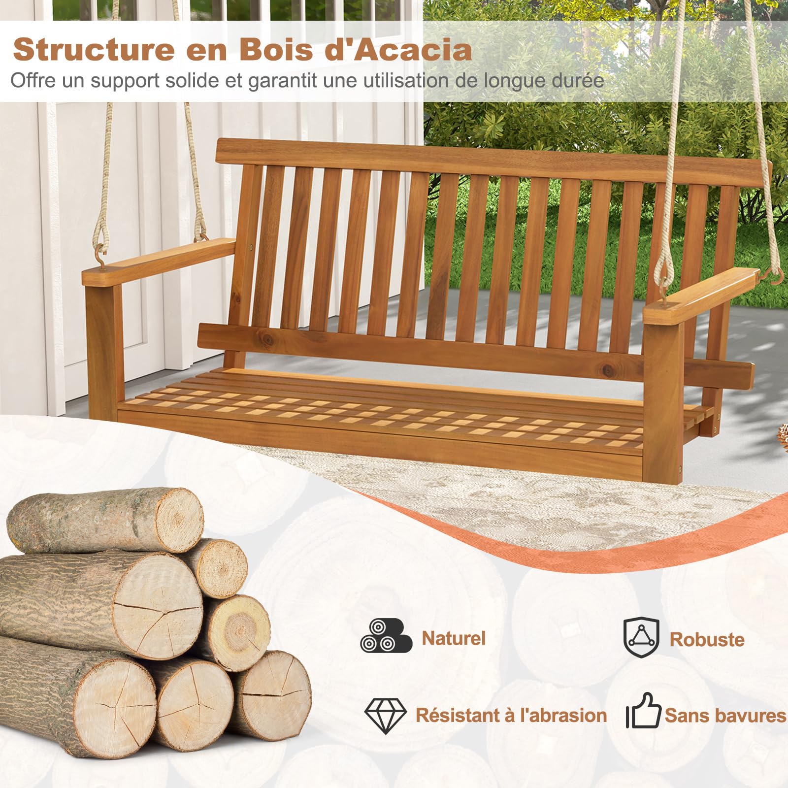 GOPLUS - Columpio de porche de 2 plazas de madera de acacia, silla colgante para 2 personas, asiento y respaldo con lamas, capacidad 360 kg, columpio para jardín, patio, 130 x 63 x 57 cm natural
