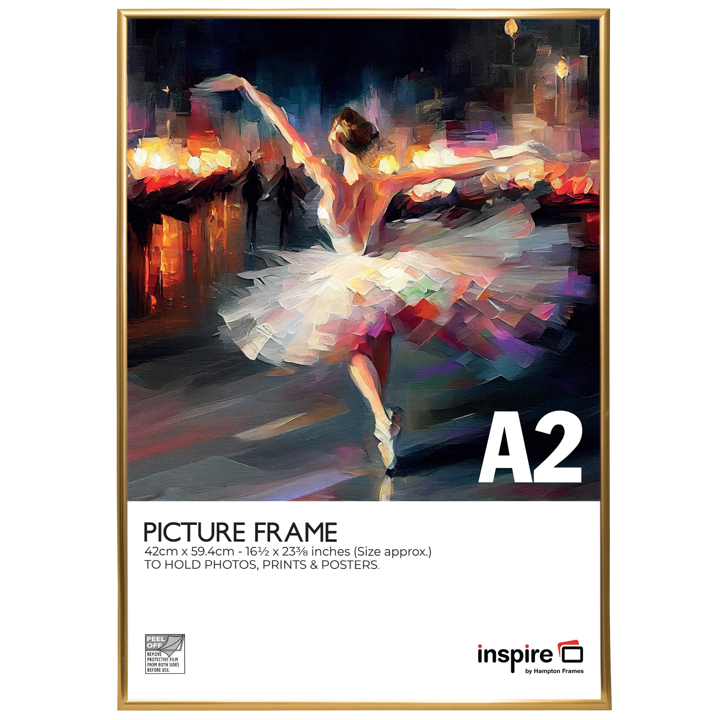 inspire by Hampton Frames | BACKLOADER A2 Poster Frame | 42x59cm, Gold, Plastic, Acrylic Front | Drop-In Back, Swivel Clips, Wall Mount | Modern Display for Photos, Prints, Art