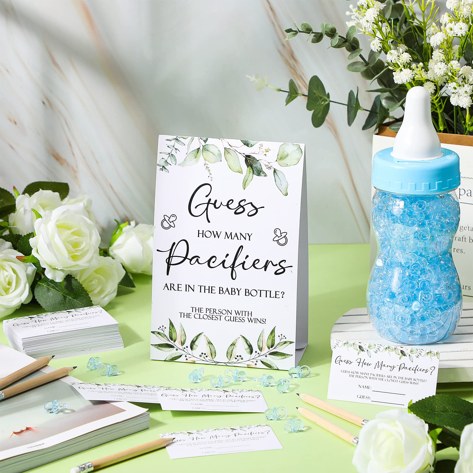 Baby Shower Games Guess How Many Pacifiers Greenery Game Sign 100 Small Guessing Games 10 Hb Pencils 750 ml Milk Bottle 400 Acrylic Pacifiers Decorations Guests Gender Reveal Party Favors (Blue)
