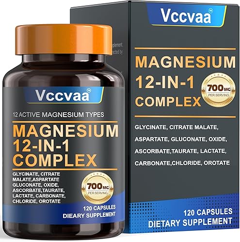 Complejo de magnesio 700 mg Suplemento de magnesio 12 en 1 con glicinato, citrato, malato, óxido, taurato y más Alta absorción para músculos,