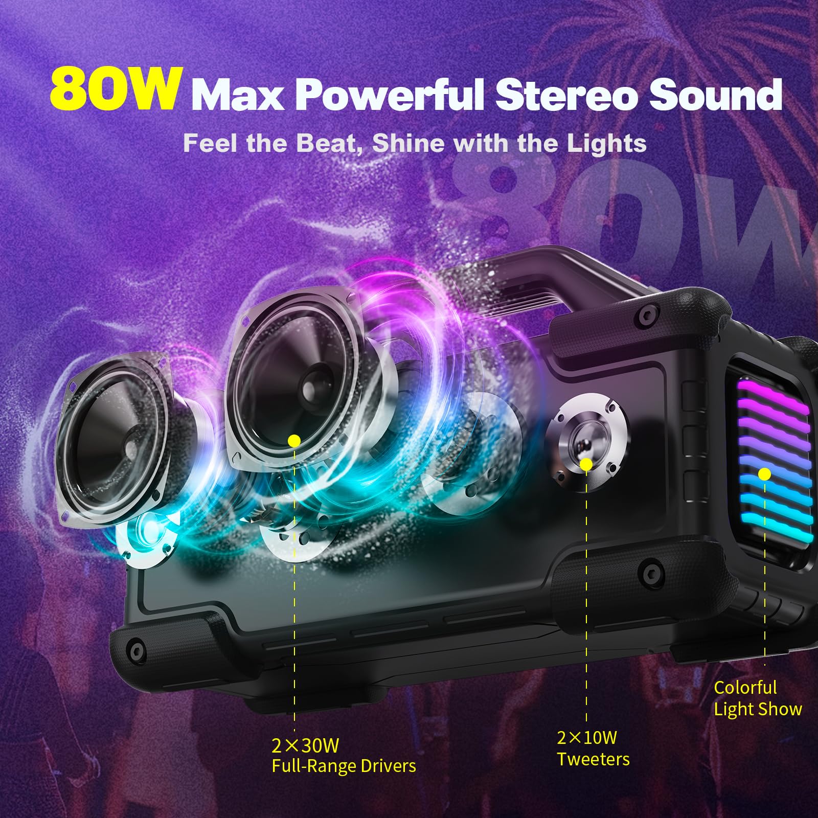 Altavoz Bluetooth portátil, luces inalámbricas, altavoz Bluetooth, sonido estéreo fuerte, resistente al agua, altavoz Bluetooth de 300 W (pico), luces de fiesta, ecualizador TWS, USB, AUX, TF, IPX6