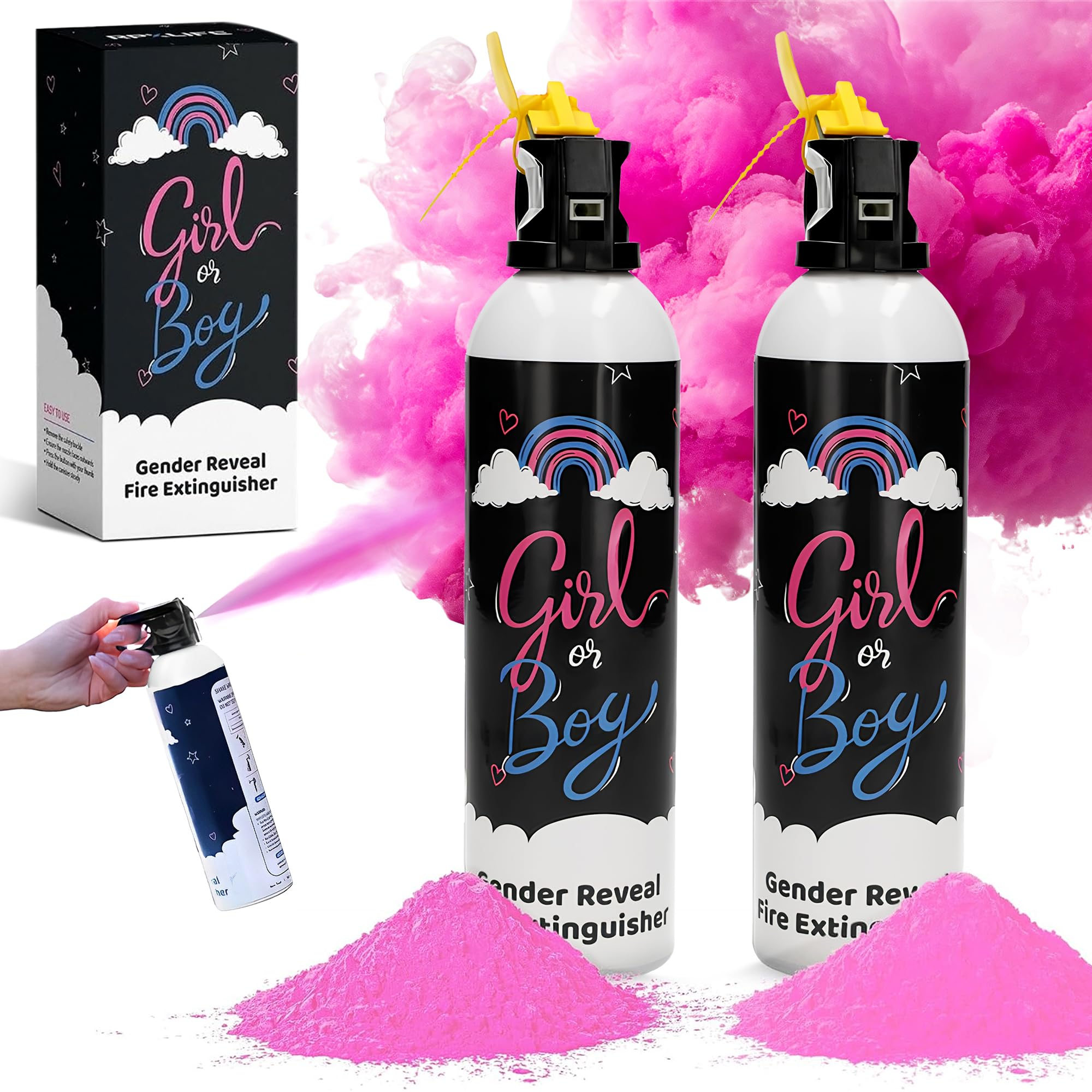 Gender Reveal Fire Extinguisher - Two 10" Pink Smoke Spray Cans - Ideas and Decorations - 100% Biodegradable Party Supplies