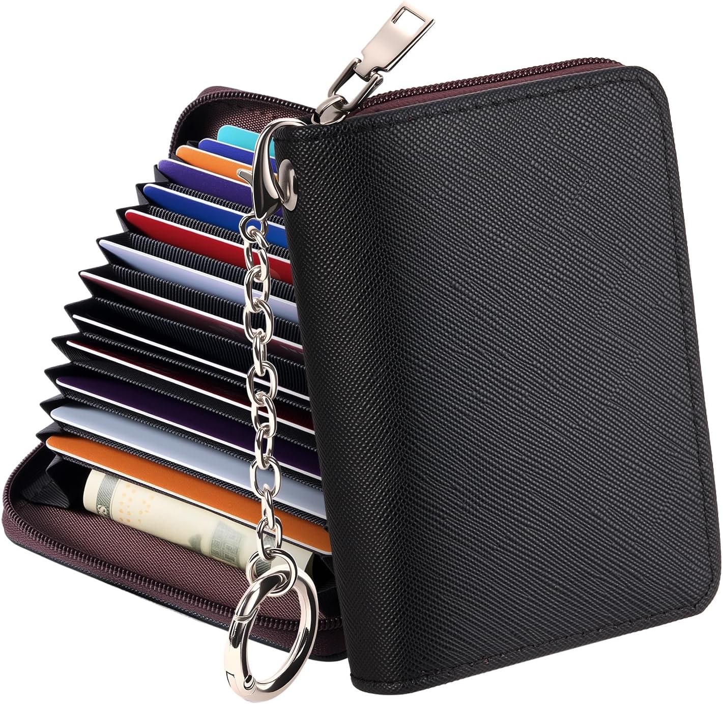 Mayski Credit Card Holder, Zipper Credit Card Wallet for Women, Small Accordion Card Cases Holder, KeyChain Wallet, Business Card Holder(Black 01)
