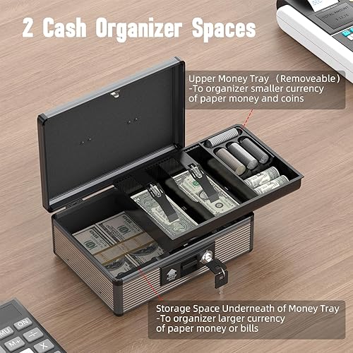 Miniatura 3 de Caja de dinero con cerradura con bandeja de dinero y llave, caja segura para dinero en efectivo, caja de dinero portátil con espacios de