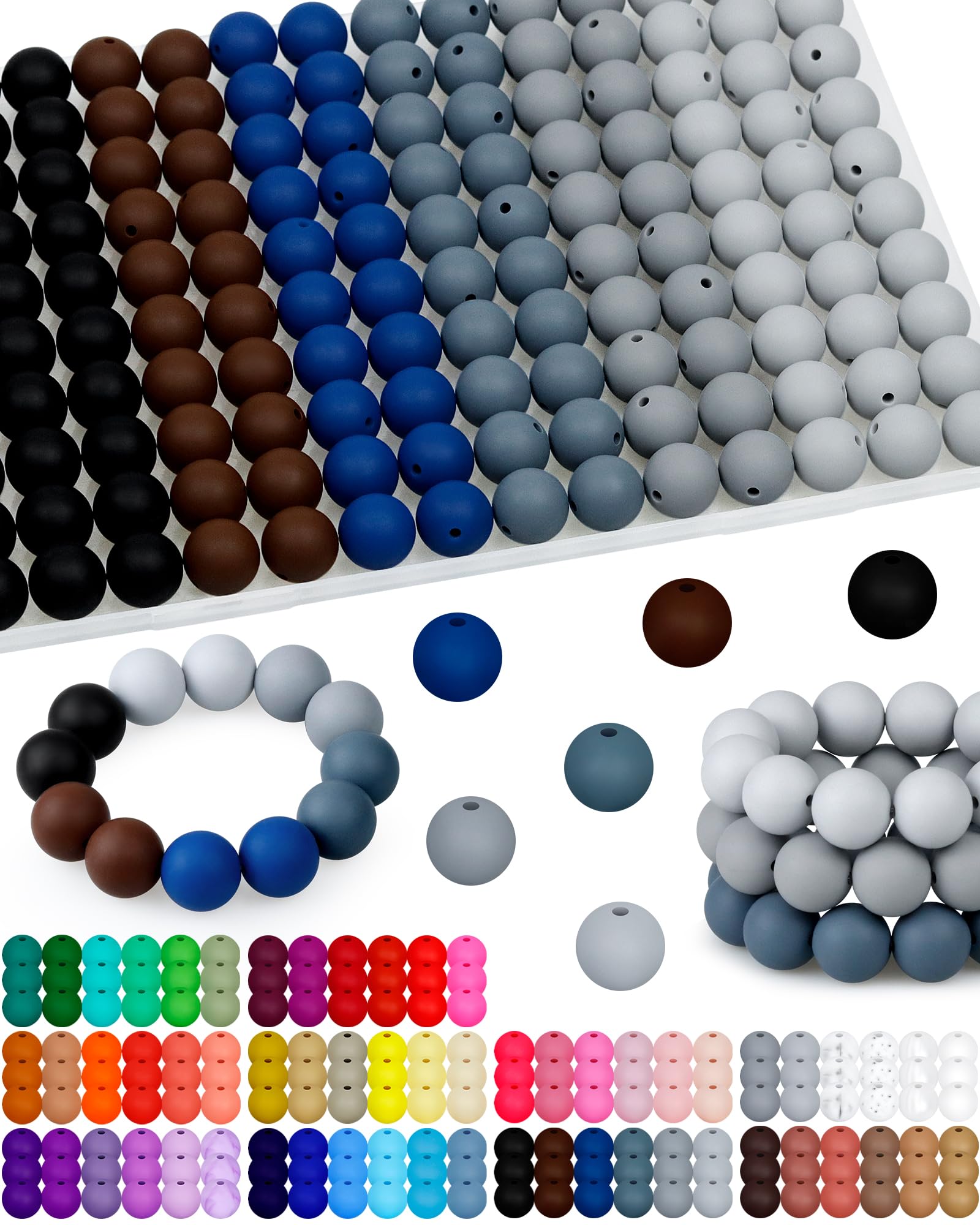 Photo 1 of 160PCS FIVEIZERO 15mm Silicone Beads for Keychain Making - Mixed Color Round Rubber Beads Bulk, DIY Craft Supplies for Bracelets Necklaces Pens(Black)
