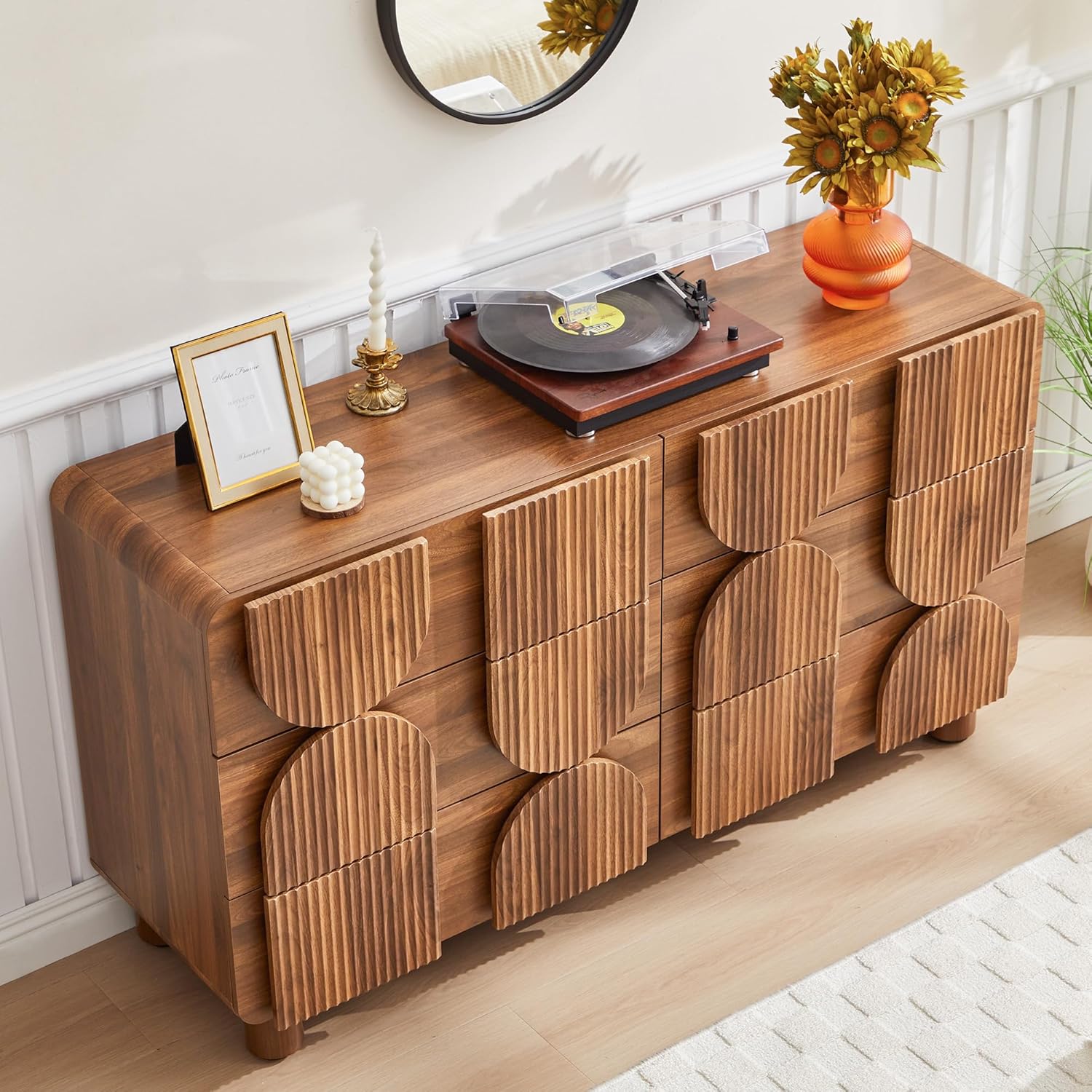 Fluted Dresser for Bedroom with 6 Drawers, 54" Wide Mid Century Modern Chest of Drawers , Wooden Curved Dresser TV Stand, Wood Closet Clothes Storage Organizer for Living Room, Hallway, Walnut