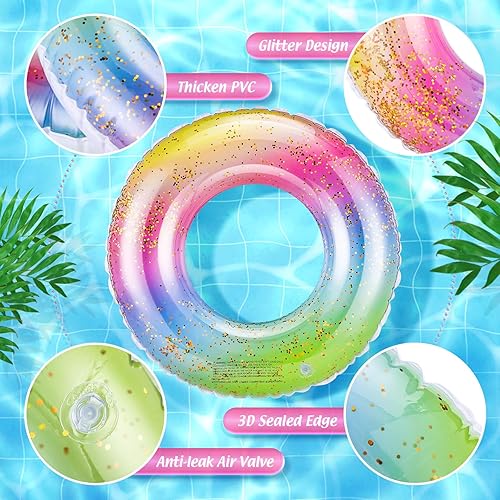 Miniatura 3 de Wettarn Flotadores inflables de piscina, juguetes para natación, tubos de natación, anillos interiores de lentejuelas con purpurina, tubo de piscina