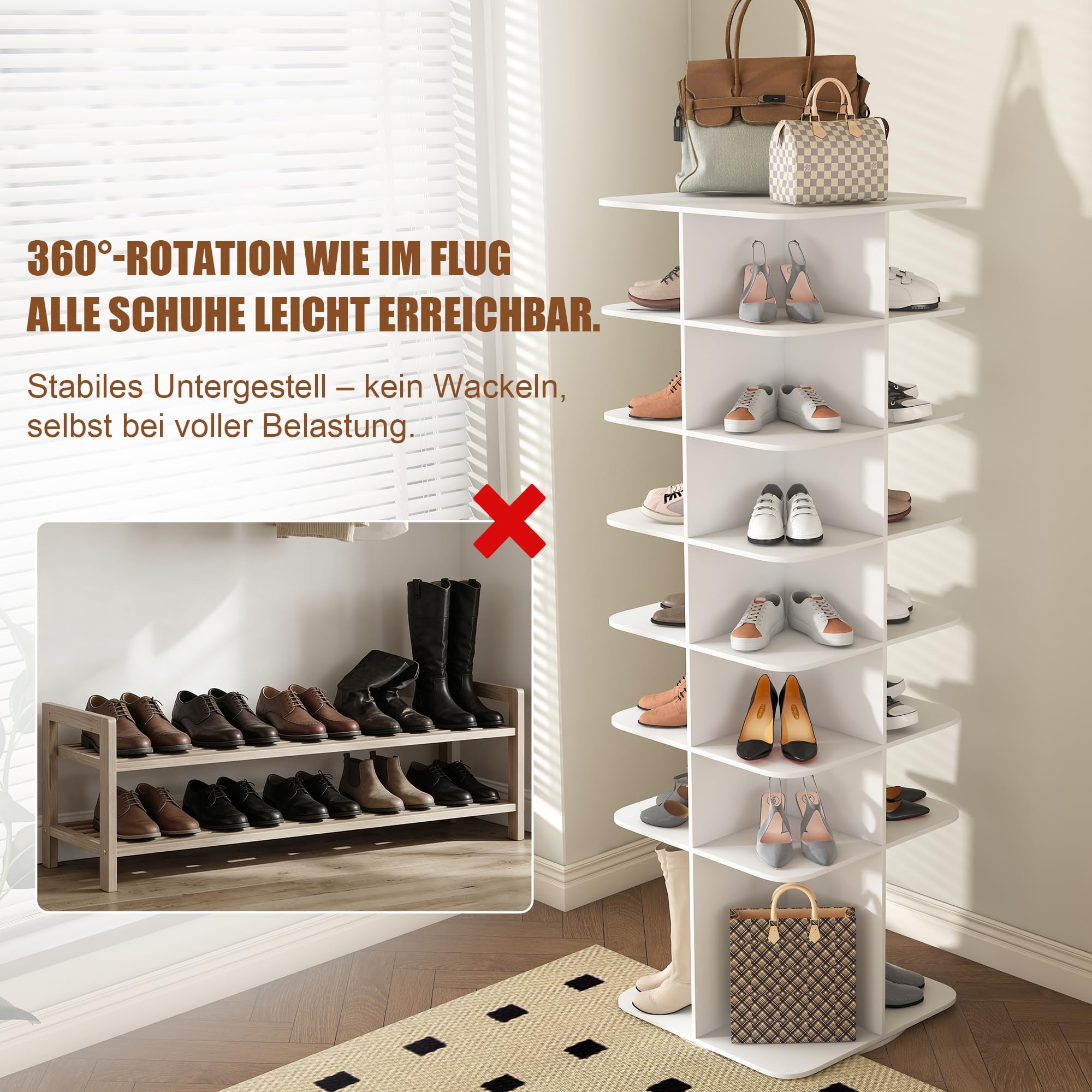 Taikonaut Schuhregal drehbar, Schuhständer, Ebenen Schuhorganizer aus PVC, 360 Grad Schuhregal-Turm, freistehend, weiß, für 28 Paar Schuhe, 60 60 184 cm