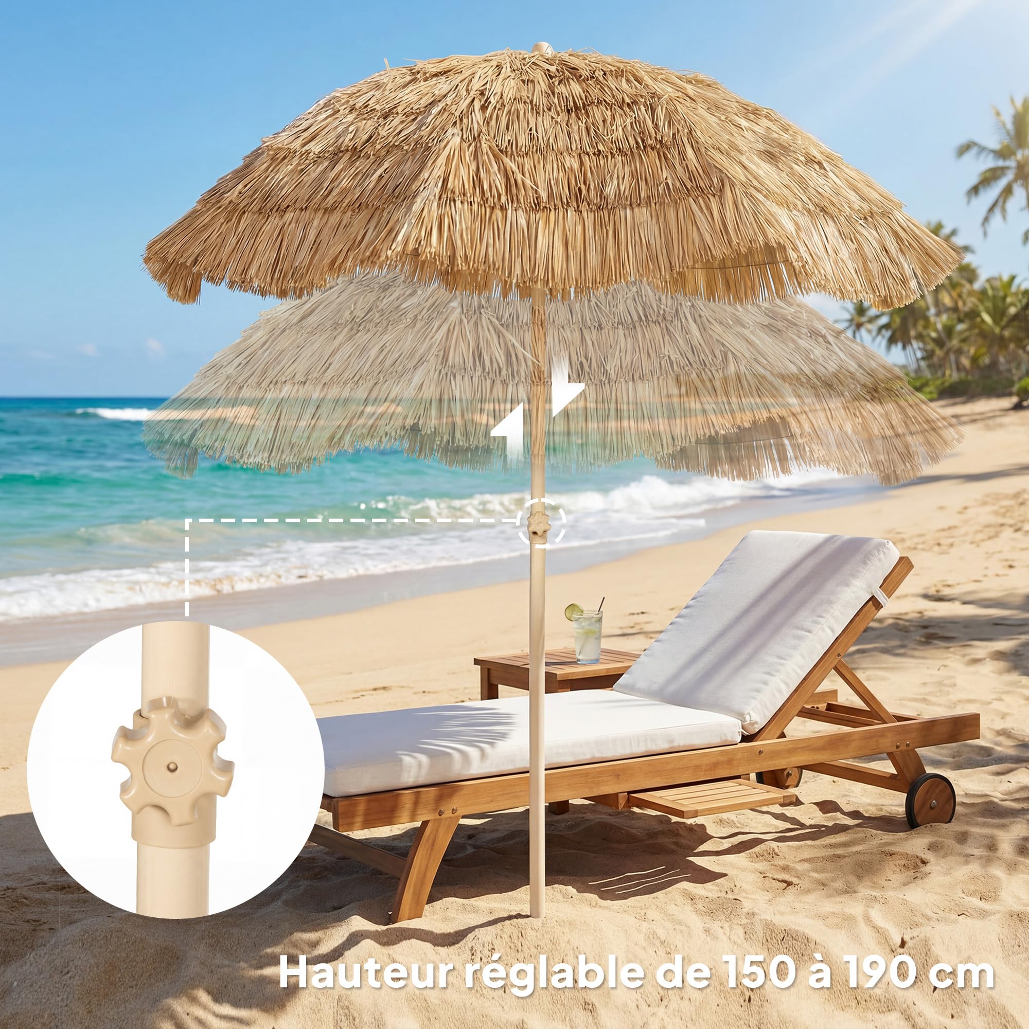 Outsunny Parasol de plage Ø 1,85 m Grand Inclinable Style Hawaïen Kaki