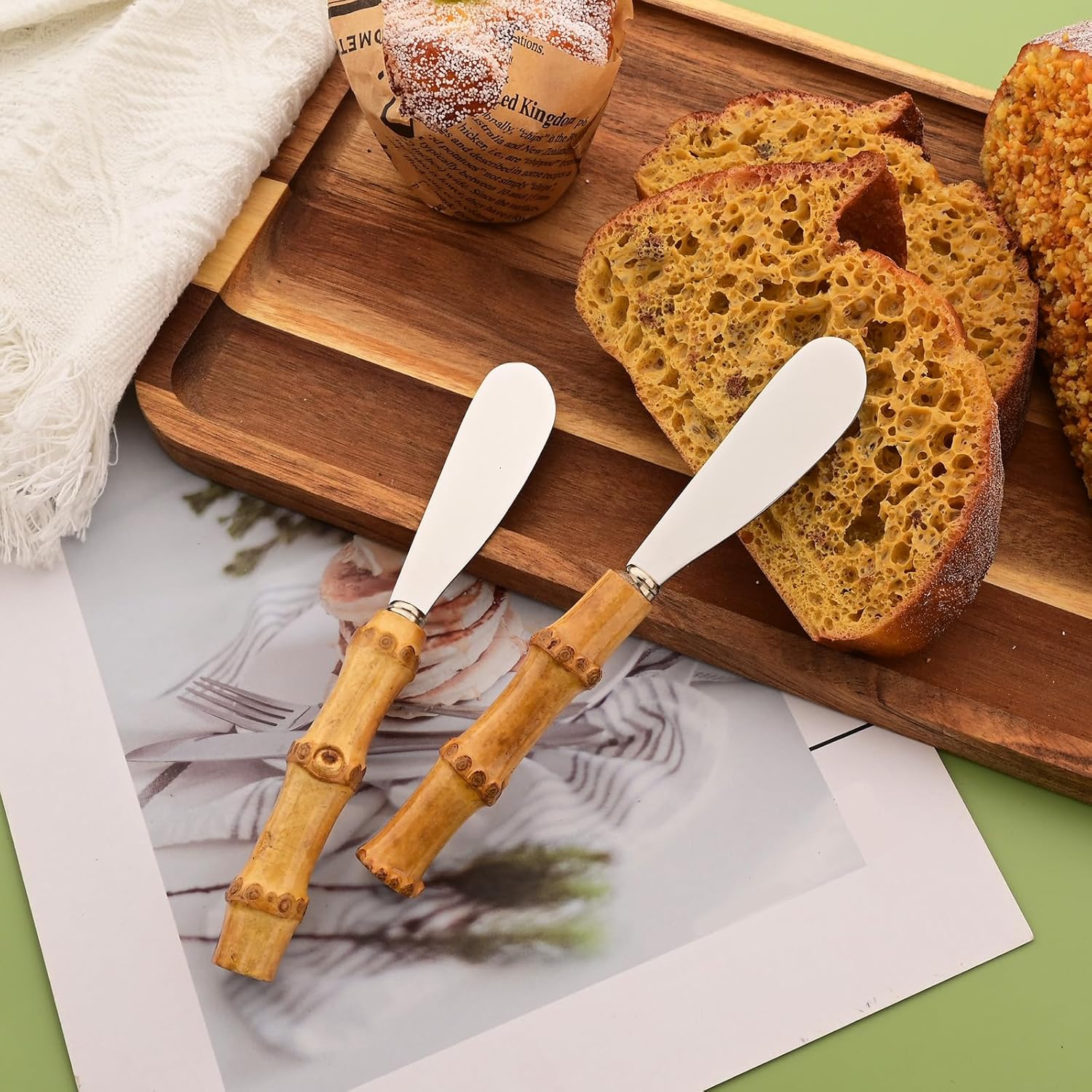 24 Pcs Cheese Spreader Knives, Stainless Steel Butter Spreader with Bamboo Handle, Kitchen Use Butter Knives Set, For Sandwich Cream Jam Bread Cake Condiment, 6.3 inch