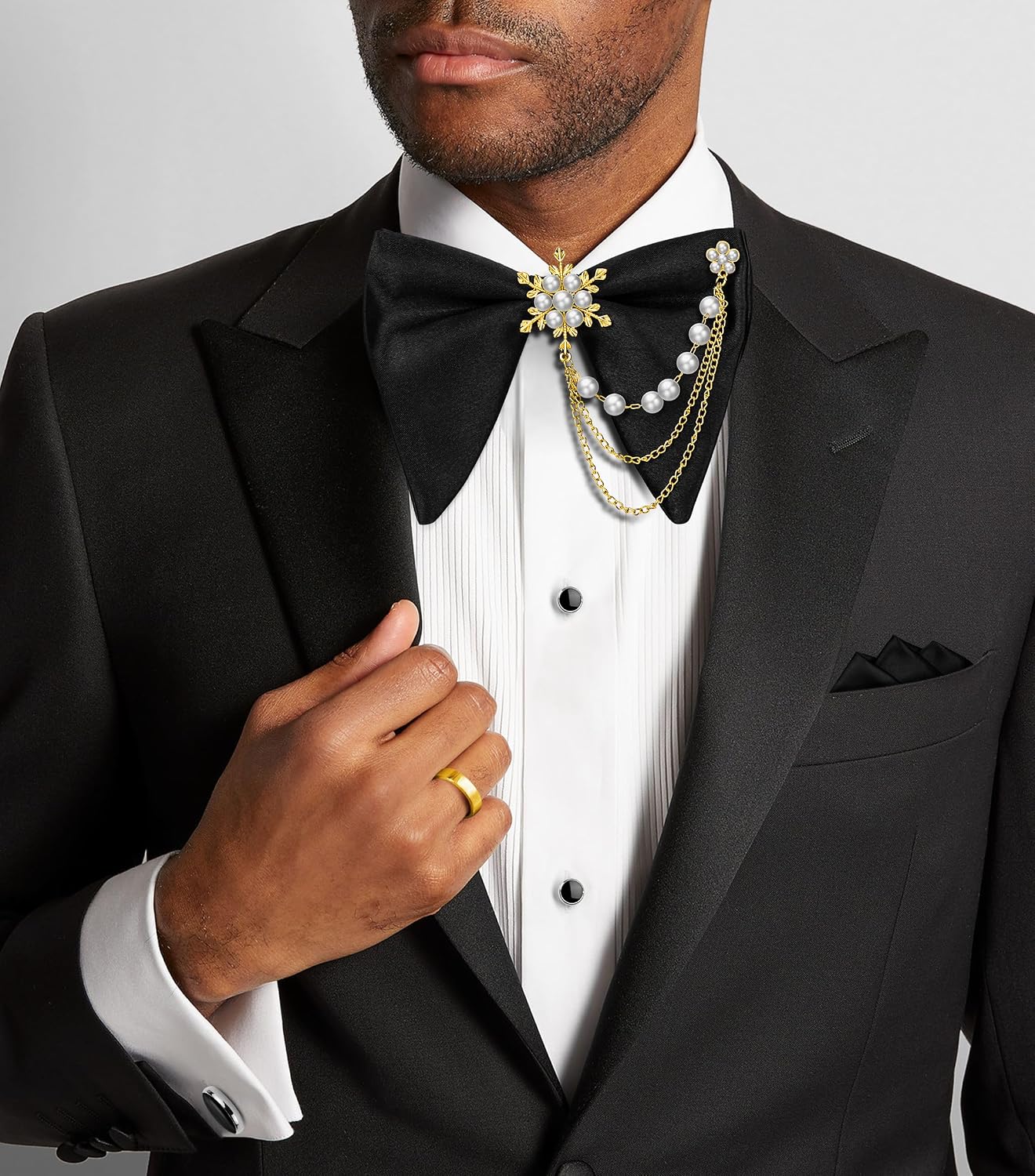 HAWSON Black Bow Ties Pocket Square Set with Cufflinks and Studs,Men's Adjustable Pre-Tied Silk Tuxedo Bow tie for Wedding.