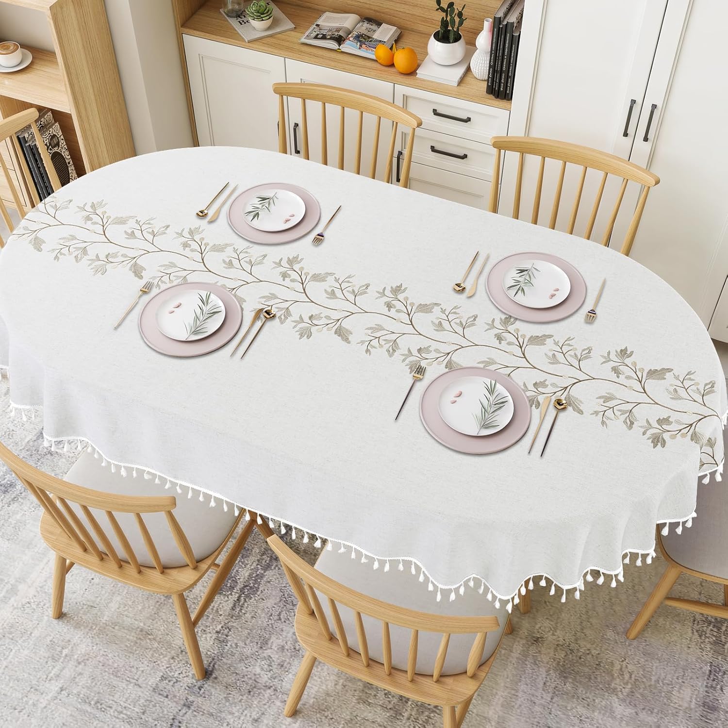 HOMBYS Solid Embroidery Oval Tablecloth with Tassels for Oval Table, 60 x 84 Inch Lace Dust-Proof Table Cover for Kitchen Dinning, Wrinkle Free Anti-Fading Tabletop Decoration, Natural