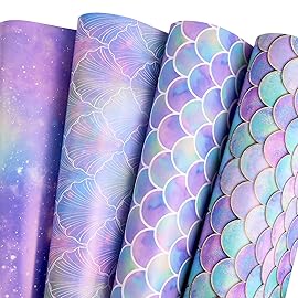 PlandRichW Birthday Wrapping Paper Folded for Girls Kids Baby Women Mermaid Scale Scallop Galaxy 4 Styles of Gift Wrapping Paper for Weddings Graduation Anniversaries 12 Sheets 20 X 29 Inch