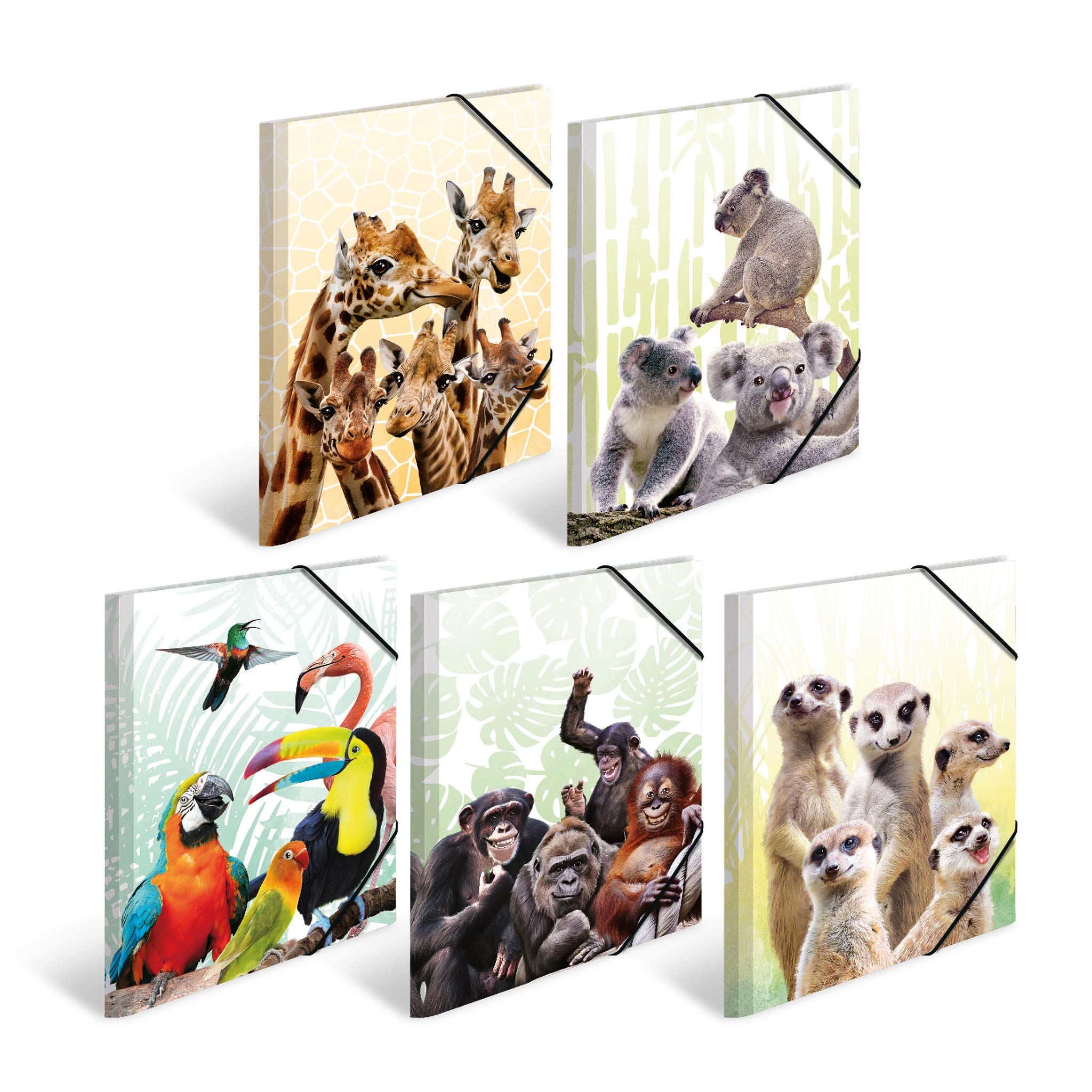 HERMA Sammelmappen A3 Tiermotive Set, 10 Stück, Kinder Eckspanner-Mappen aus Kunststoff mit Tier Motiv, Gummizug, Innenklappen und Innendruck für Jungen und Mädchen