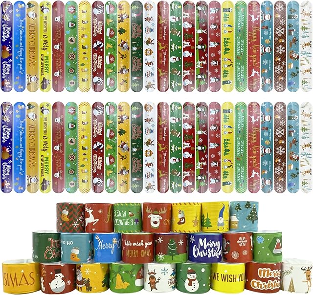 Jsdoin 48PCS Christmas Slap Bracelets with 24 Styles Christmas Wrist Bands with XmasTree Santa Claus Snowman Elk Snowflake Print Designs for Kids Party Bag Fillers Party Favours Christmas Toys