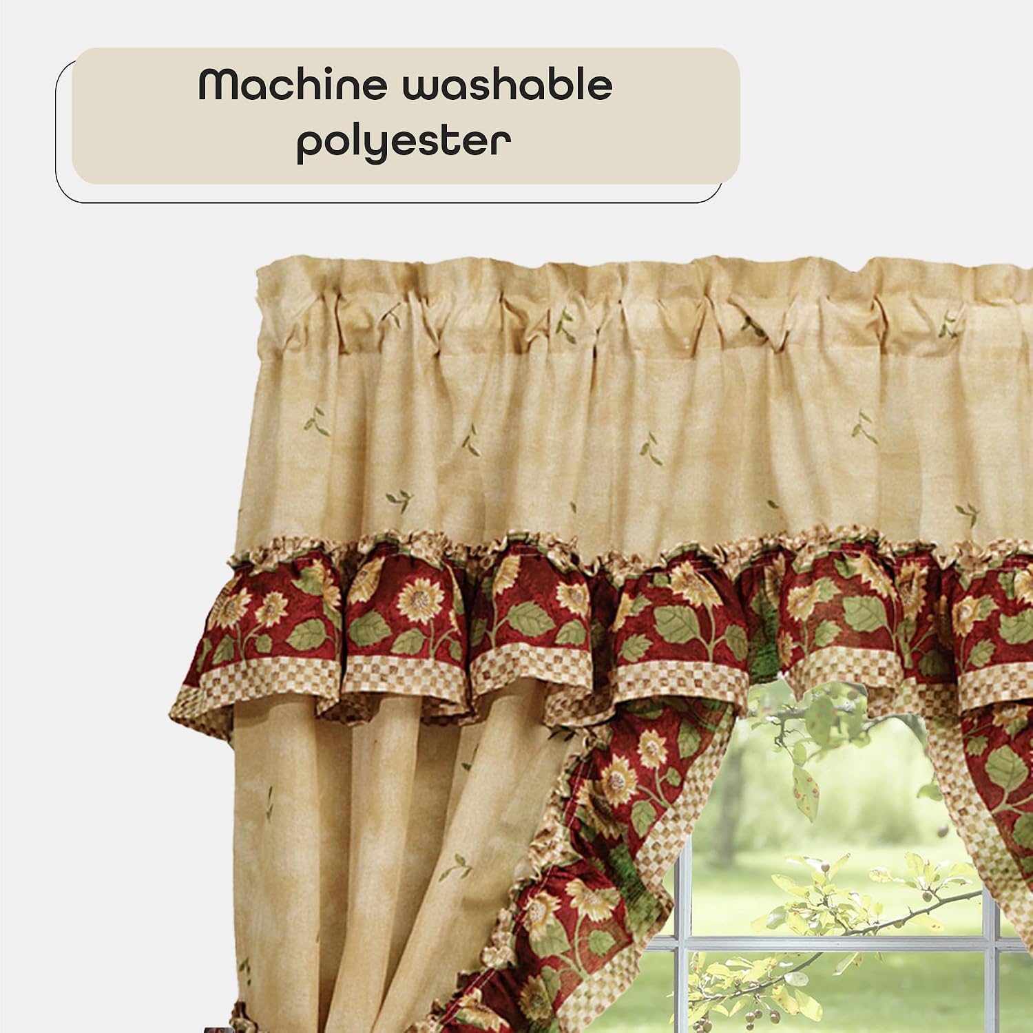ACHIM Printed Cottage Window Curtain Set - 57 Inch Width, 24 Inch Length - Sunflower - Light Filtering Polyester Drapes Include Tailored Valances, Ruffle Topper Pair of Tiebacks Home Decor