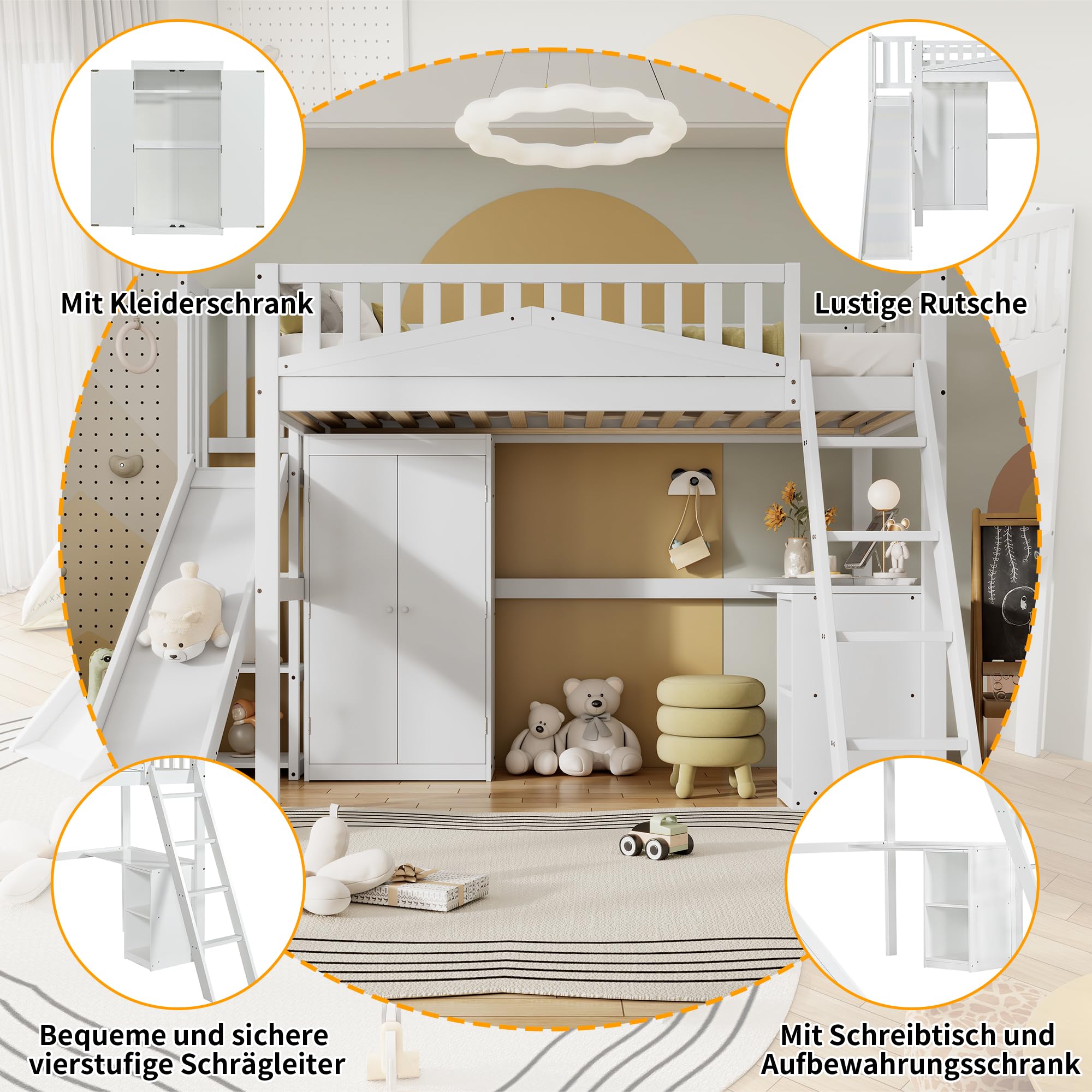 Kinderbett Etagenbett 90x200, Hochbett Hausbett mit Rutsche,Leiter,Kleiderschrank,Schreibtisch,Regale, Einzelbett Holzbett Spielbett Jugendbett mit Lattenrost&Rausfallschutz, Kiefer,Ohne Matratze,