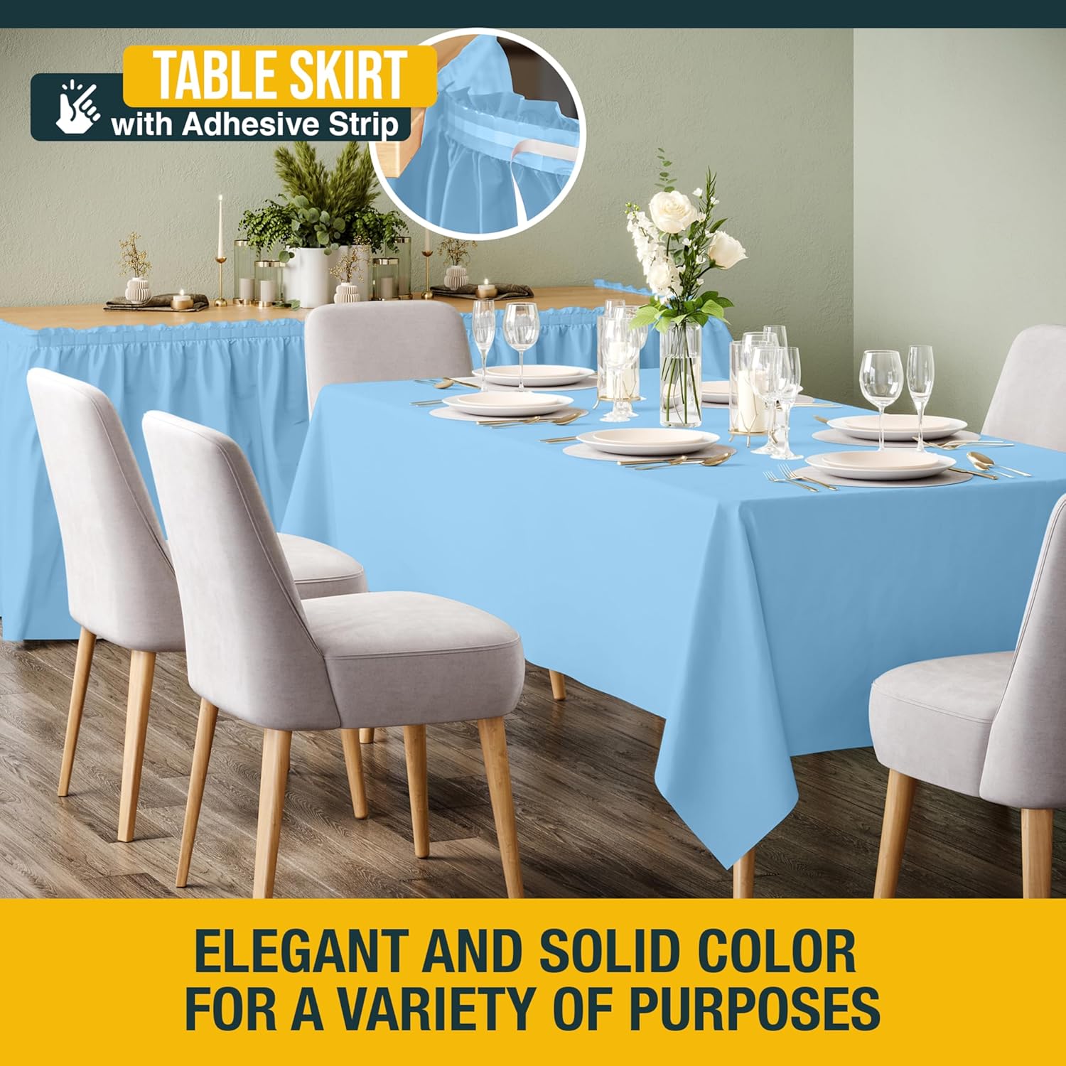 Light Blue Plastic Table Cloth Rectangle Table Cover 54" x 108" Disposable Table Cloths for Parties & 14 Ft Long Table Skirts for Rectangle Tables 6ft Plus Combo 6 Covers & Table Skirt