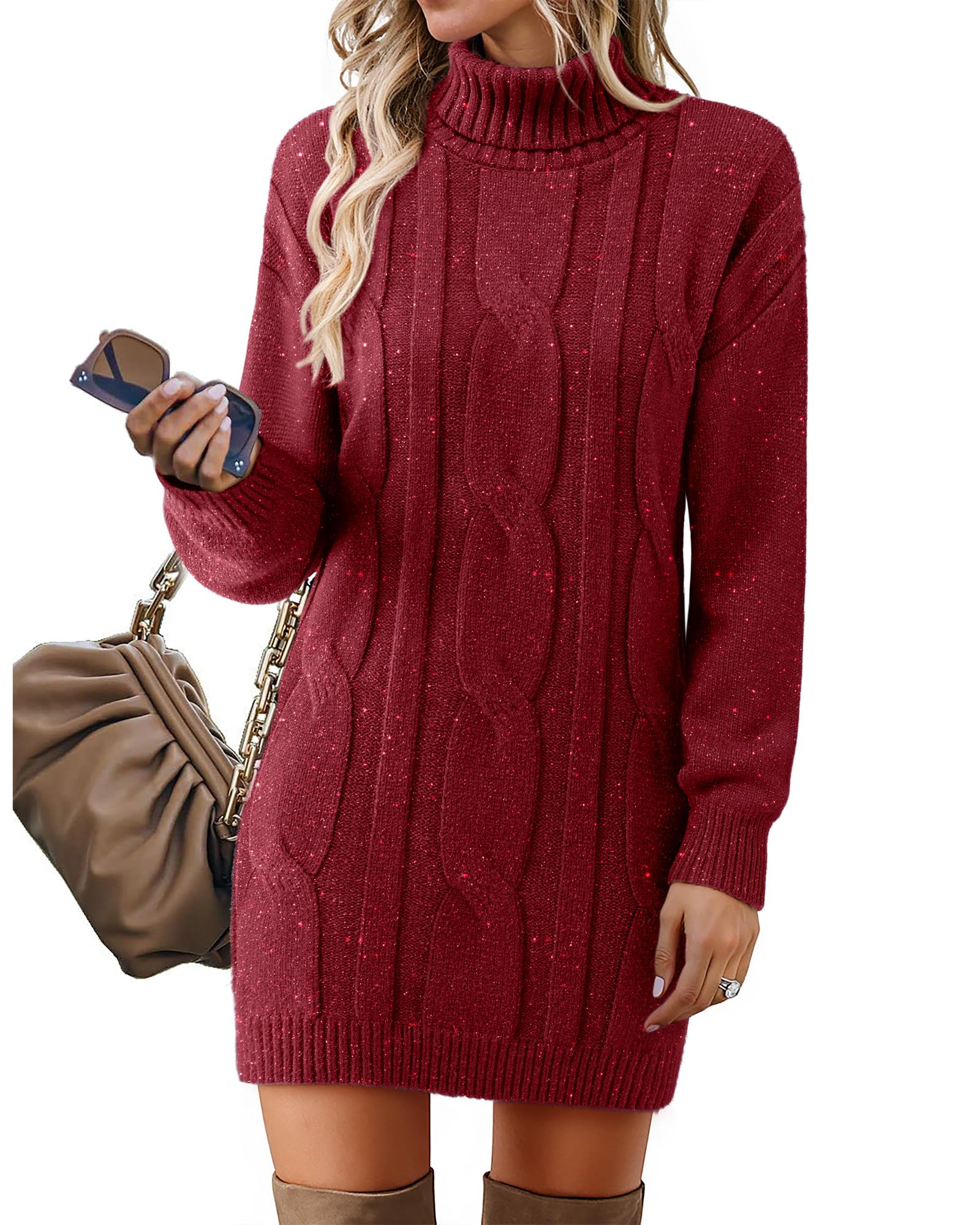 Womens Long Sleeve Turtleneck Sweater Dresses Ribbed Knit Stretchy Midi Casual Dress