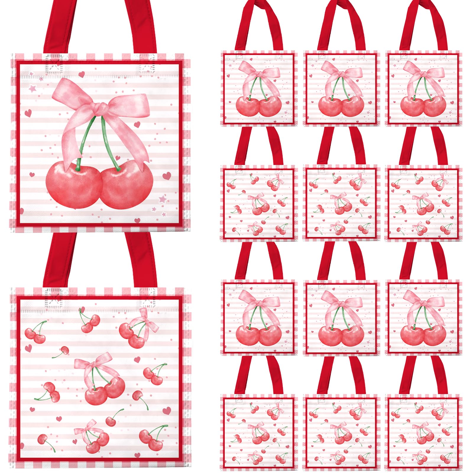20Pcs Pink Cherry Non-Woven Gift Bags Reusable Handbags with Handles for Cherry Enthusiasts Birthday Party Gift Packaging Supplies 8.6x8.6 Inches