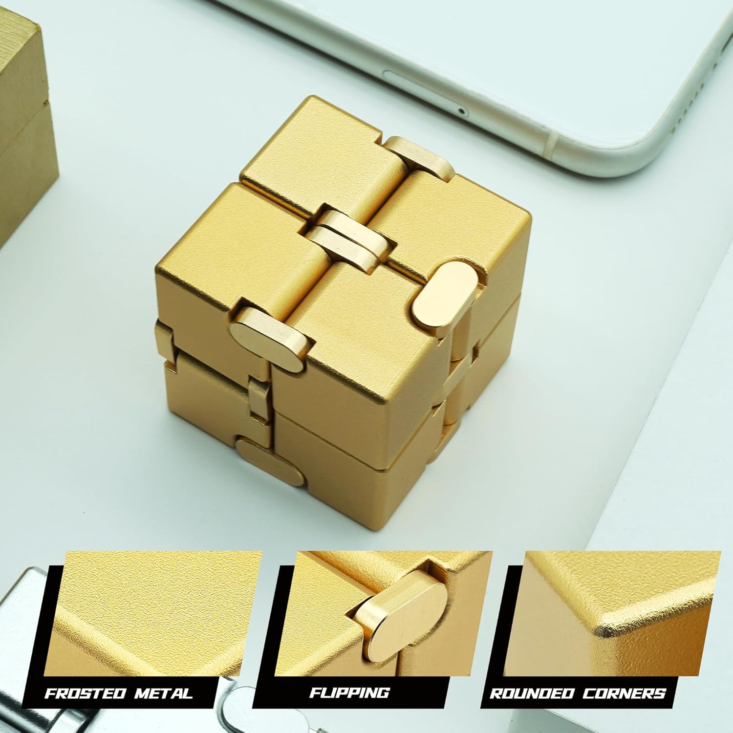 Infinity Cube Fidget Toy, Aluminum Alloy Fidget Cube for Adults, Metal Fidget Toys for Adults Kids Teens (Gold)