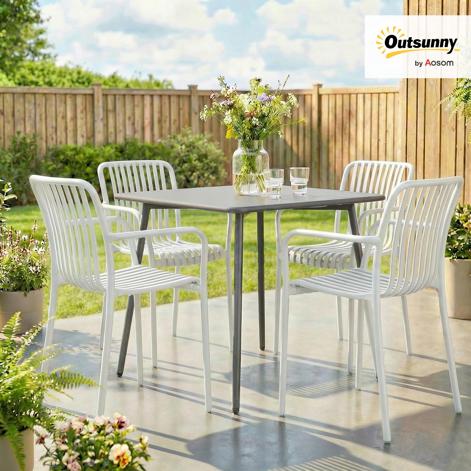 Outsunny Juego de 4 Sillas de Jardín Exterior Apilables, Sillas Terraza Exterior de PP con Respaldo Curvado, Asiento de Listones, Reposabrazos, 55x58,5x81,5 cm, Blanco