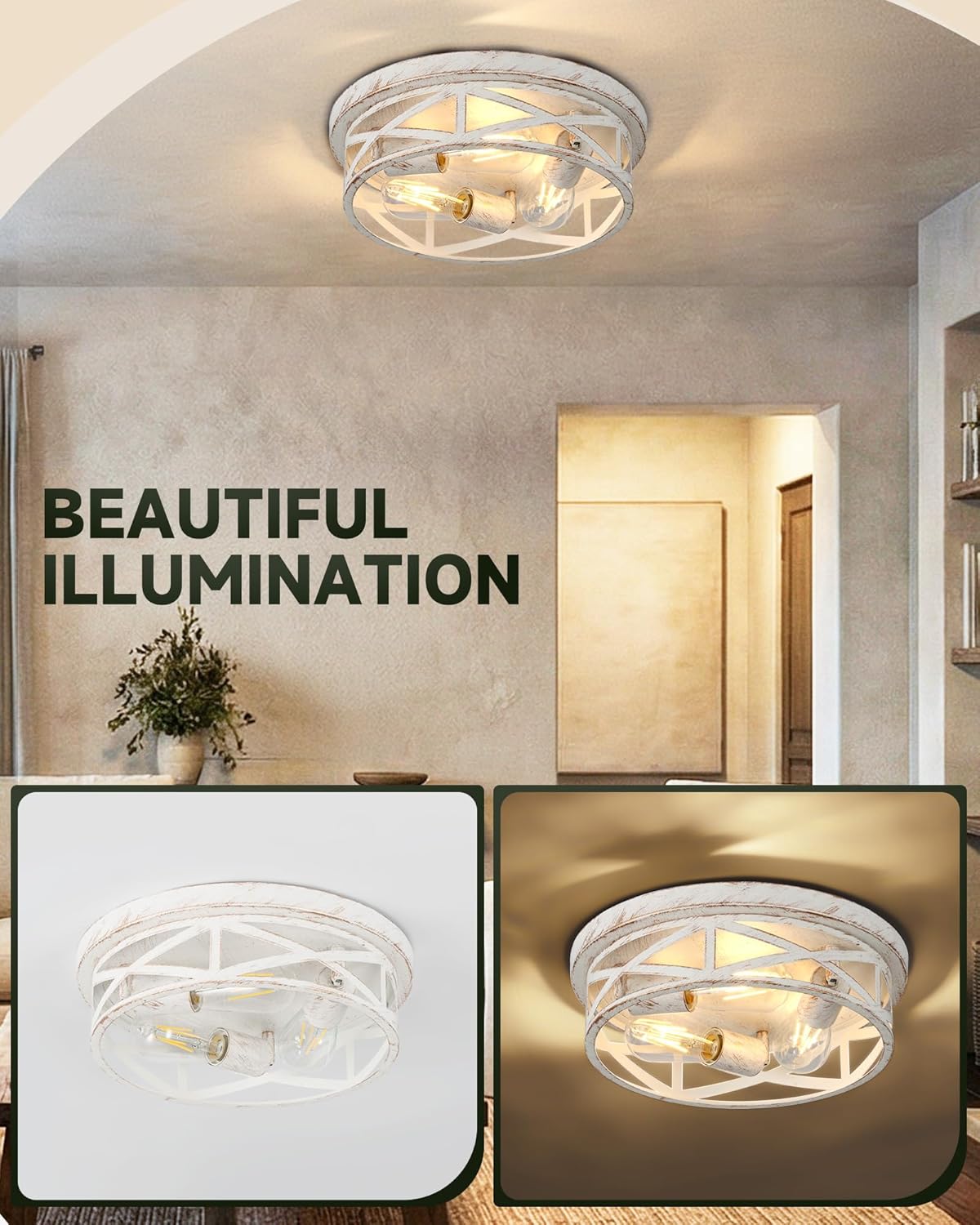 2 Pack Flush Mount Ceiling Light, 3-Light Close to Ceiling Light Fixtures, 13 Inch Metal Ceiling Lights for Bedroom, Living Room, Porch Kitchen (White + Gold)