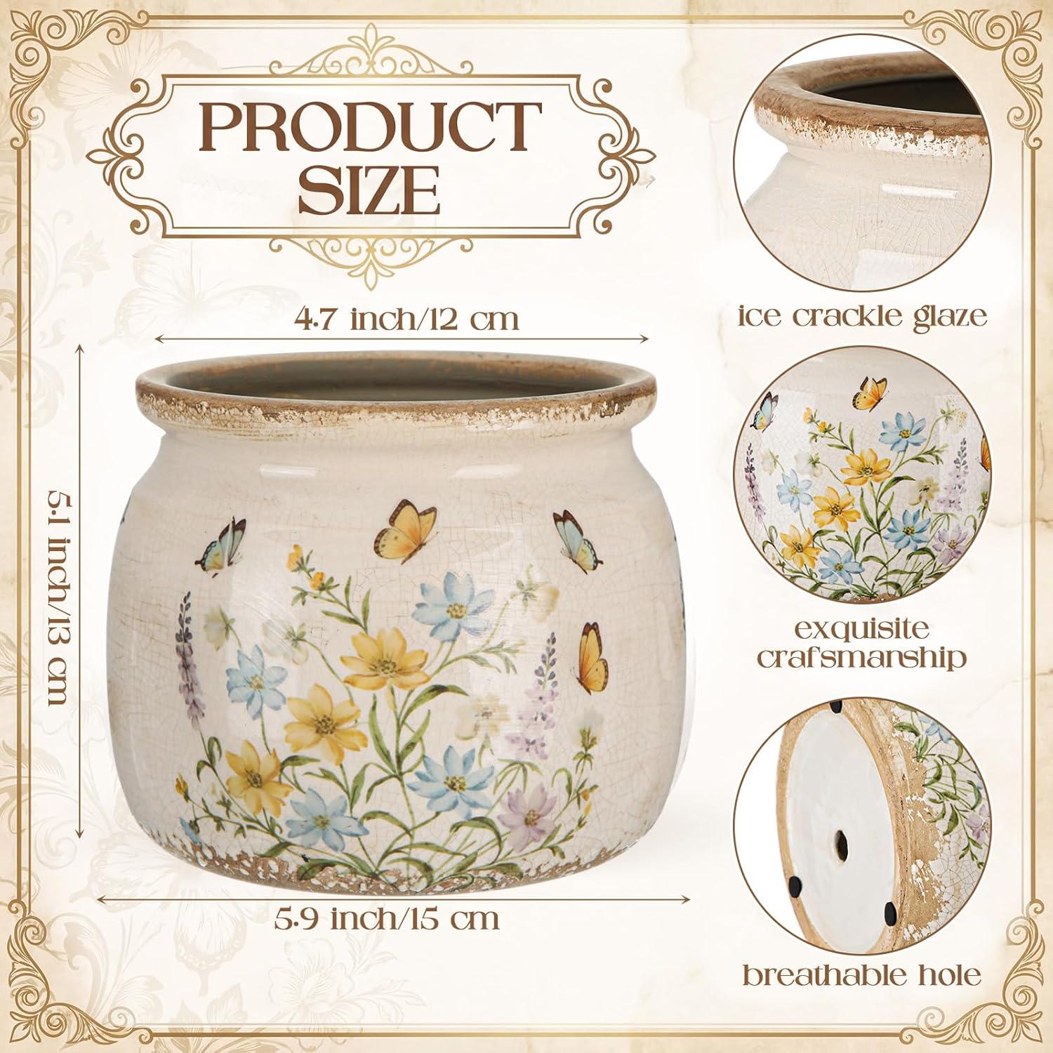 Vintage Large Ceramic Planter with Butterfly Bliss Pattern Warm Yellow Ice Crack Finish Antique Cottage Flower Vase Pot for Indoor Plants Farmhouse Home Kitchen Office Decor