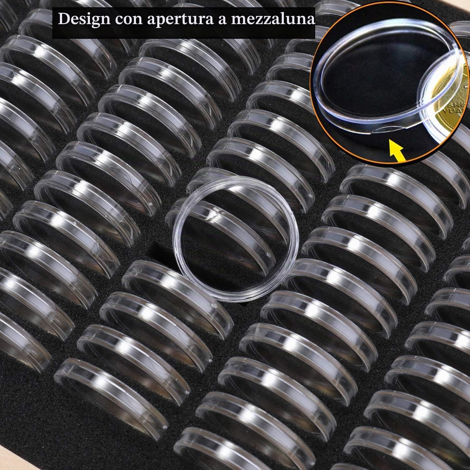 Kyrio - Scatola portamonete in legno, può contenere 100 monete, organizer con capsule rotonde in plastica, per collezionisti di monete, 18 mm / 21 mm / 25 mm / 27 mm / 30 mm