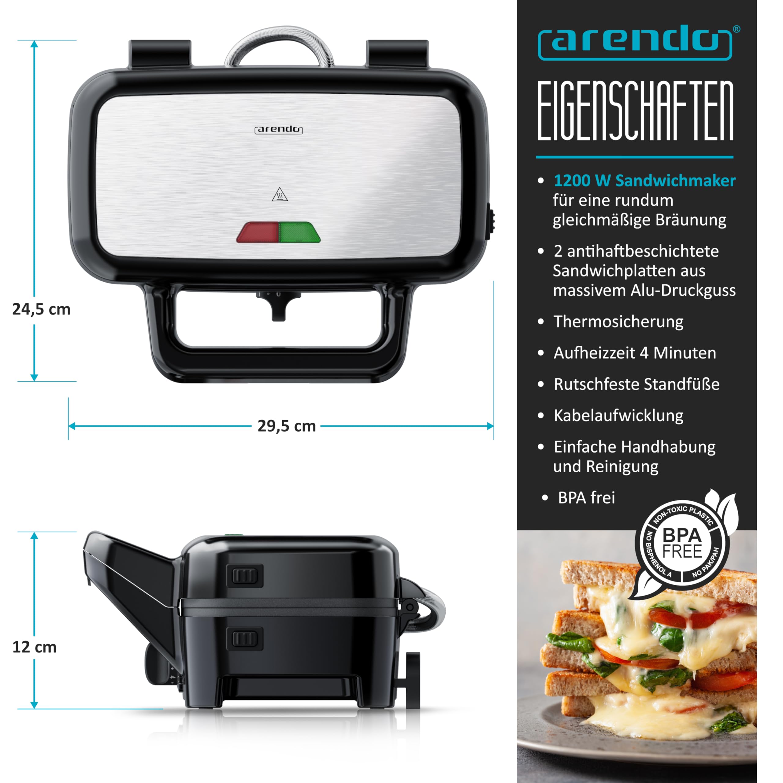 Arendo - Sandwichmaker 1200 W mit Antihaftbeschichtung - mit abnehmbaren Platten - spülmaschinentauglich - BPA frei - Temperaturkontrolle – Sandwich Maker - Sandwichtoaster für große Toasts