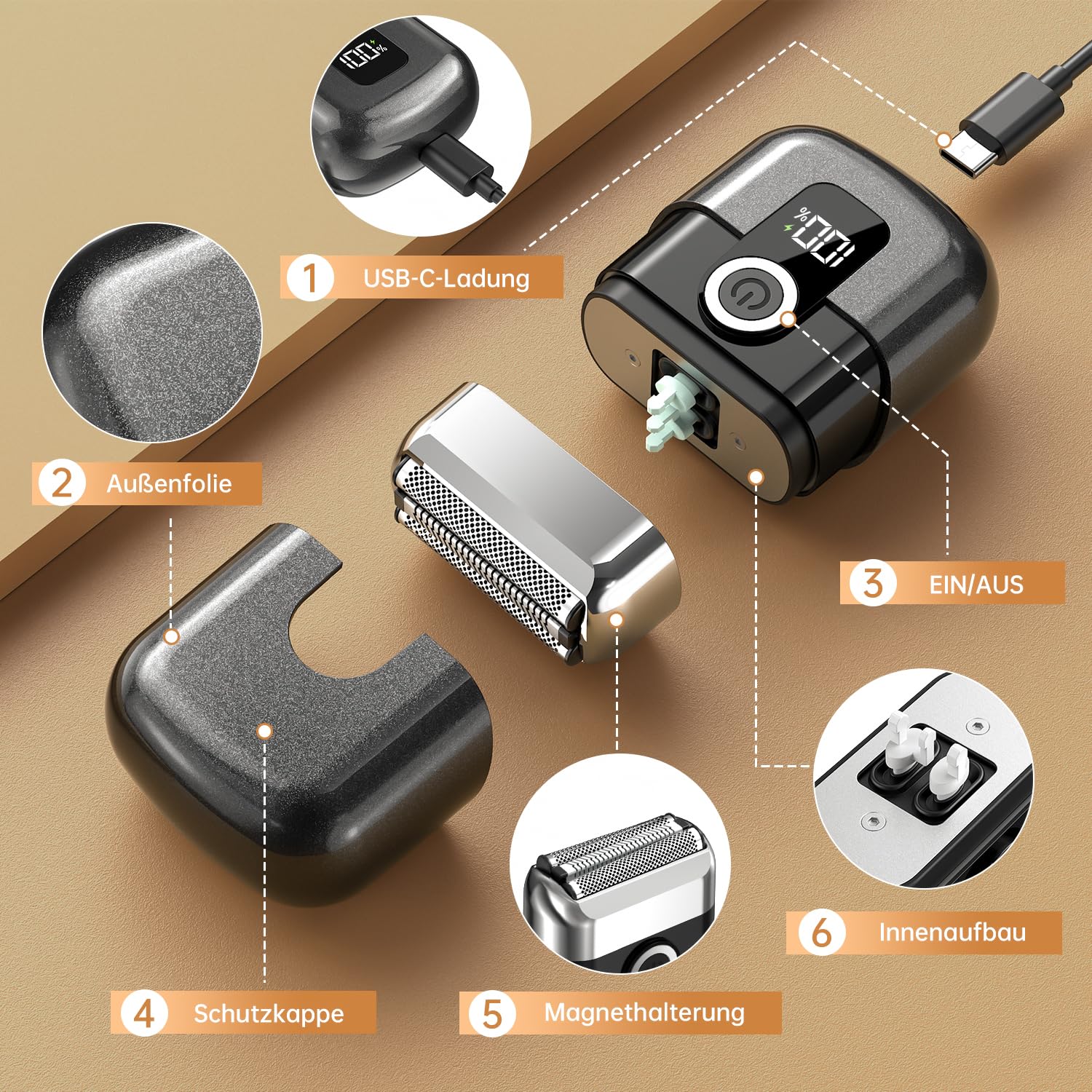 Elektrisch Folienrasierer Herren, Tragbarer USB Mini Rasierer mit LED-Display, Elektrischer Foil Shaver, Mini Rasierer Herren Elektrisch für Gesicht,Bart und Reisen, Schwarz