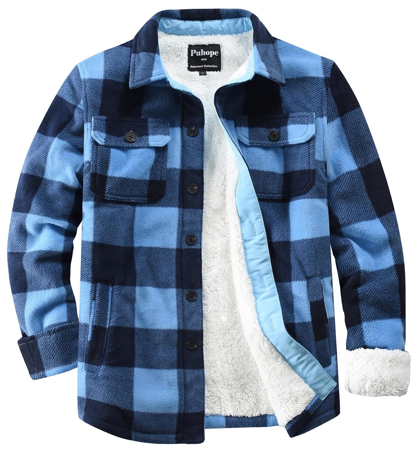 Puhope Jaqueta masculina de lã polar com forro de sherpa quente para homens, jaqueta grossa de botões com vários bolsos