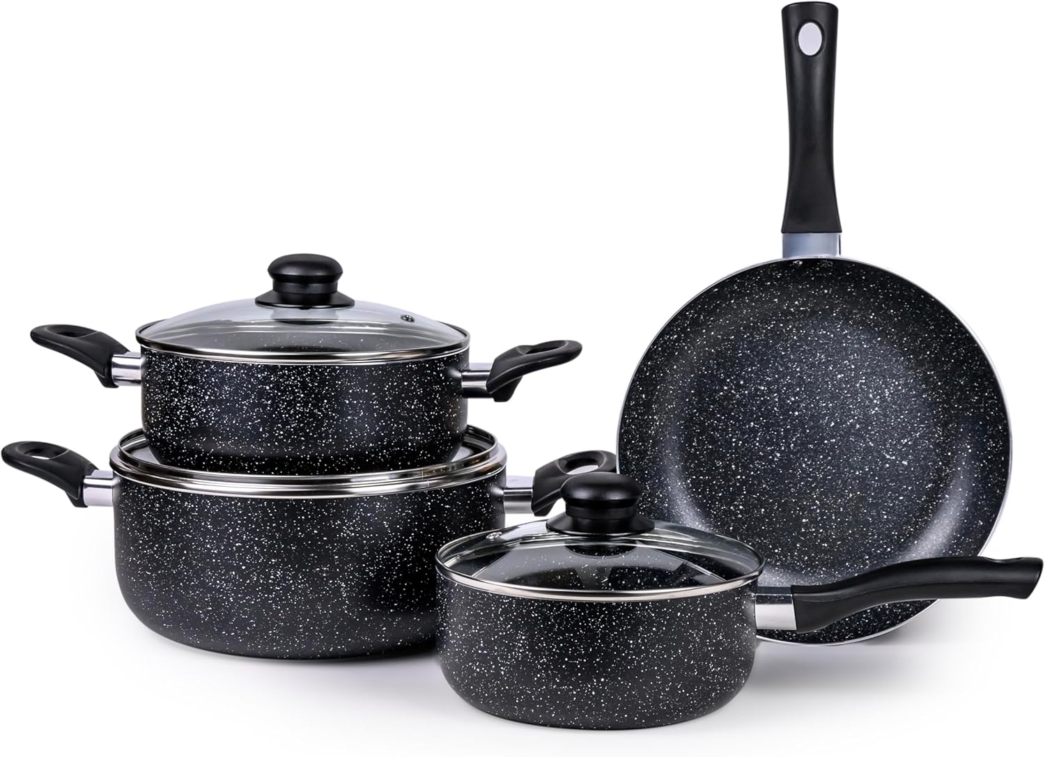 Wilson 7pcs Aluminum Non-Stick Marble Coating Cookware Set – Durable Exterior, Heat Resistant Handles, Tempered Glass Lids – Ideal for Healthy Cooking Black