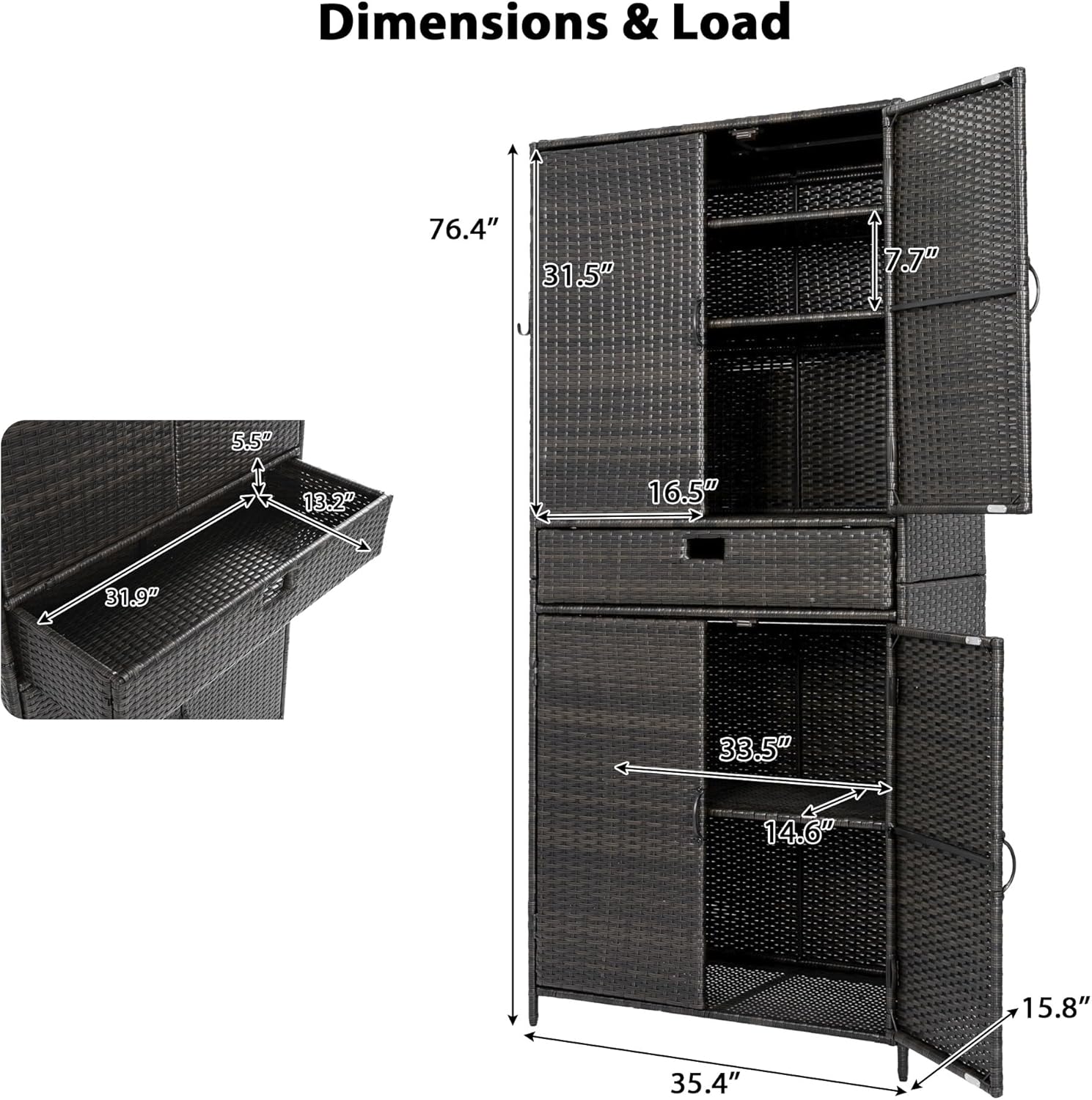 76.4" Tall Wicker Outdoor Storage Cabinet 4-Door Vertical Rattan Storage Shed Organizer with Adjustable Shelves for Garden, Backyard, Pool, Brown & Black