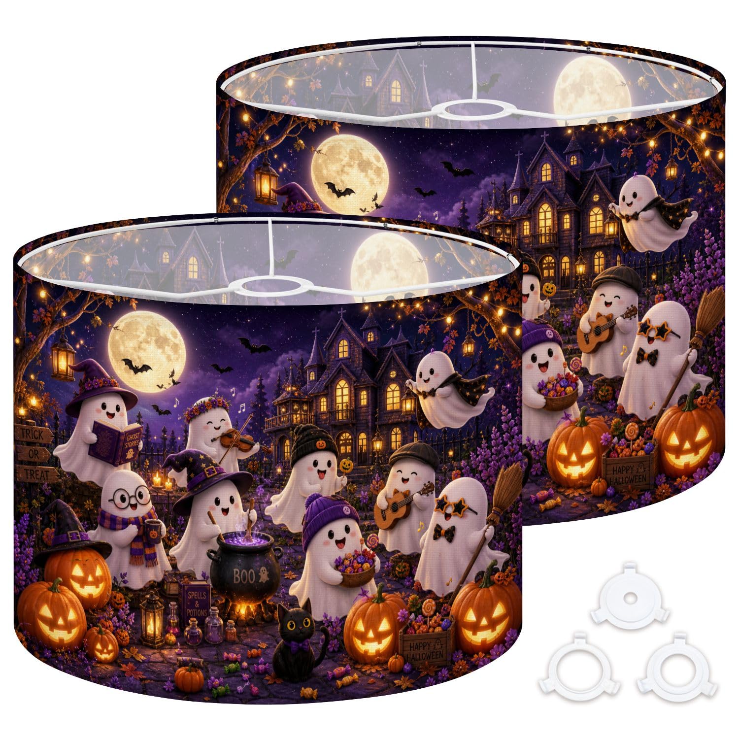 Deruinvaio Multi3 2Pcs 13In Lampshade Lamp Shade Halloween Ghost Party Pumpkins Full Moon For Ceiling Light, Table Lamp Floor Lamp Easy Assembly Replacement Light Shade