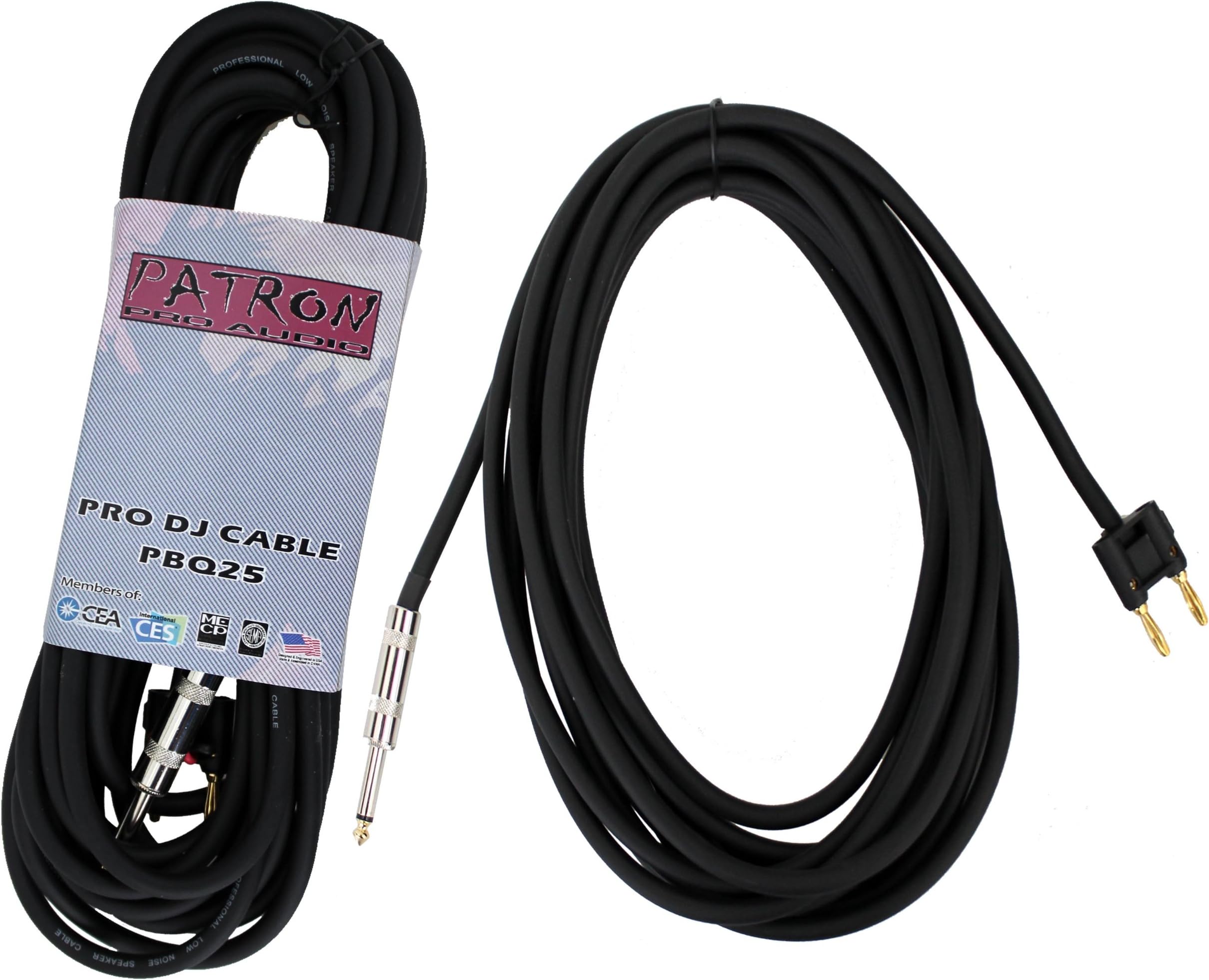 PBQ25 1/4" Mono to Banana Audio Cord - 25 ft 14 Gauge Male 1/4" Connector to Male Banana Connection, Black Heavy Duty Professional Speaker Cable Wire - Delivers Sound