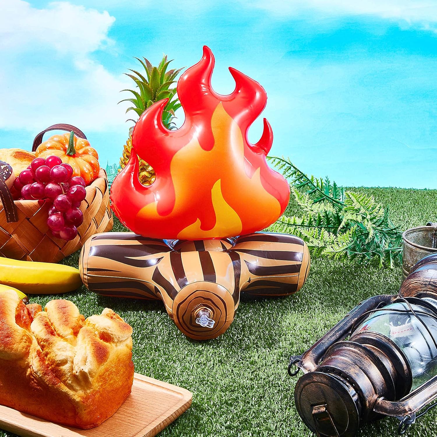 Sumind 4 Pieces of 12 Inch Inflatable Campfire Props Fake Camping Party Campfire Party Scene Decoration, Indoor and Outdoor Camping Game Props Fire Inflatable for Boys Firewood Toys