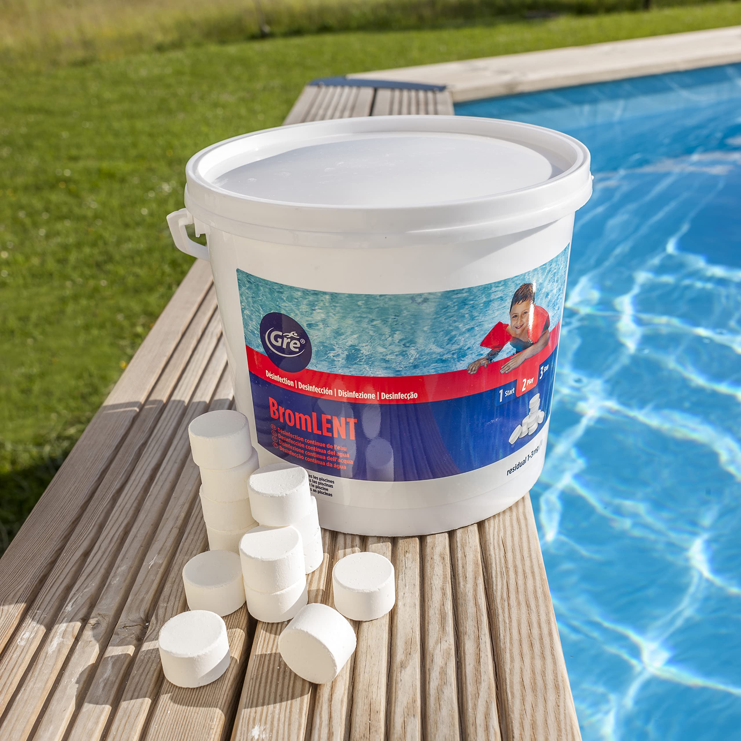 GRE 76024 - Brome en Pastilles. Désinfection efficace de l’eau de la piscine sans chlore, sans odeurs ni irritations. Idéal pour piscines et spas – 5 kg.