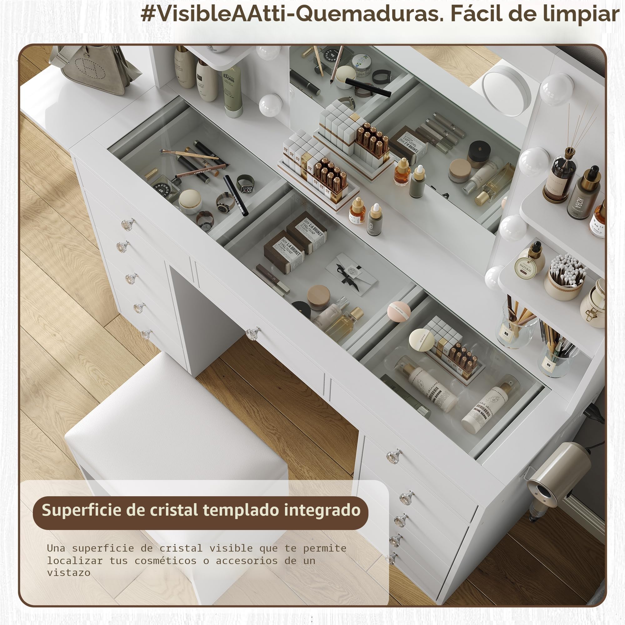 Yanosaku Tocador con Fuente de alimentación 47 Pulgadas más Ancho con Espejo y 12 Luces LED 3 Modos de iluminación de Color 11 cajones 4 estantes Panel Plegable Mesa de Cristal Juego de Maquillaje