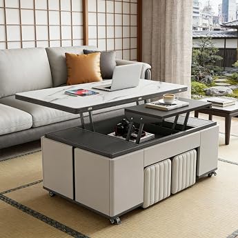 QEZEOM Multifunctional Table, Elevating Dining Table, Multifunctional Dining Table, Living Room Table, 47.2 inches (120 cm)